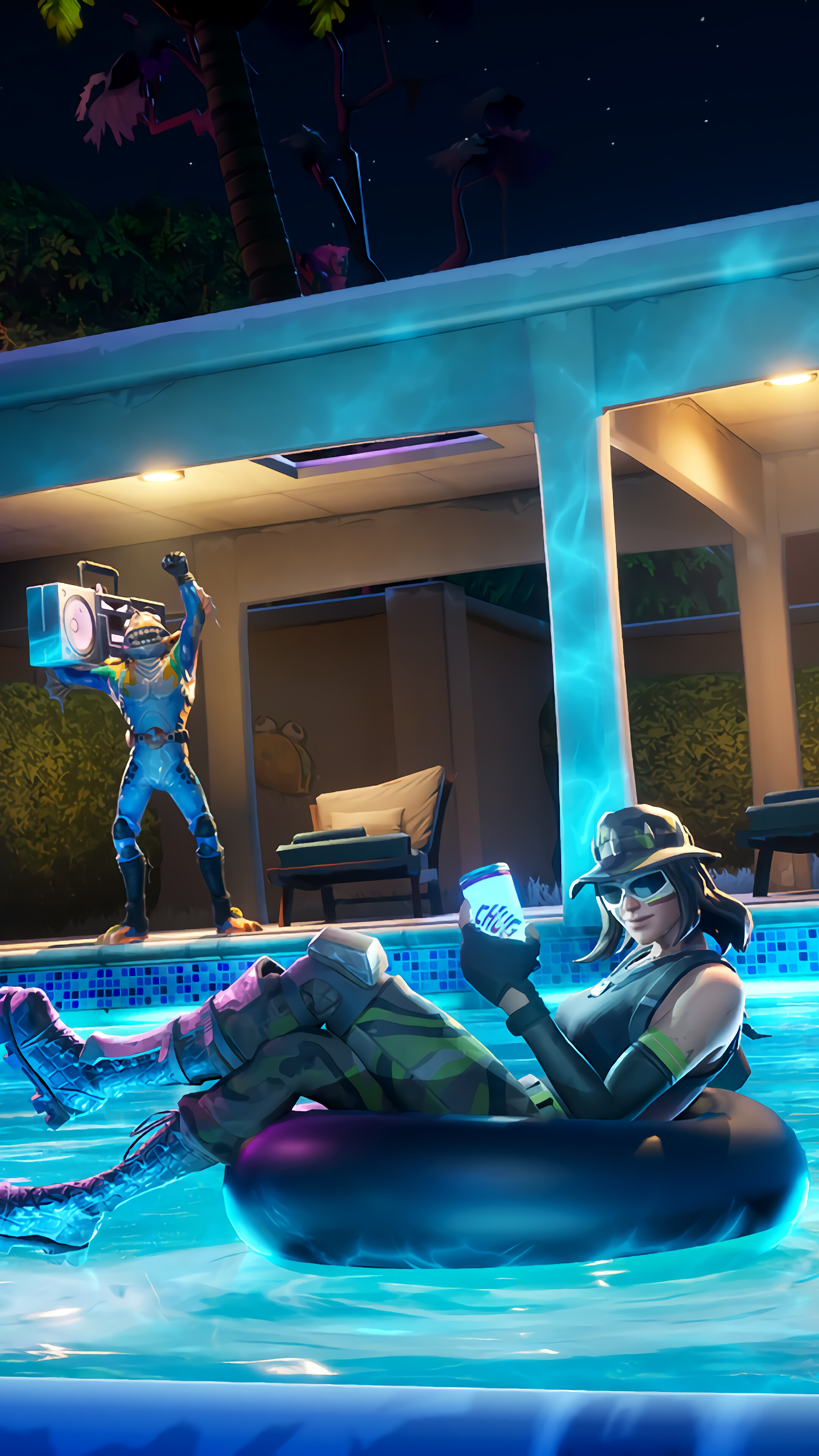 Fortnite characters by a pool at night HD Phone Wallpaper