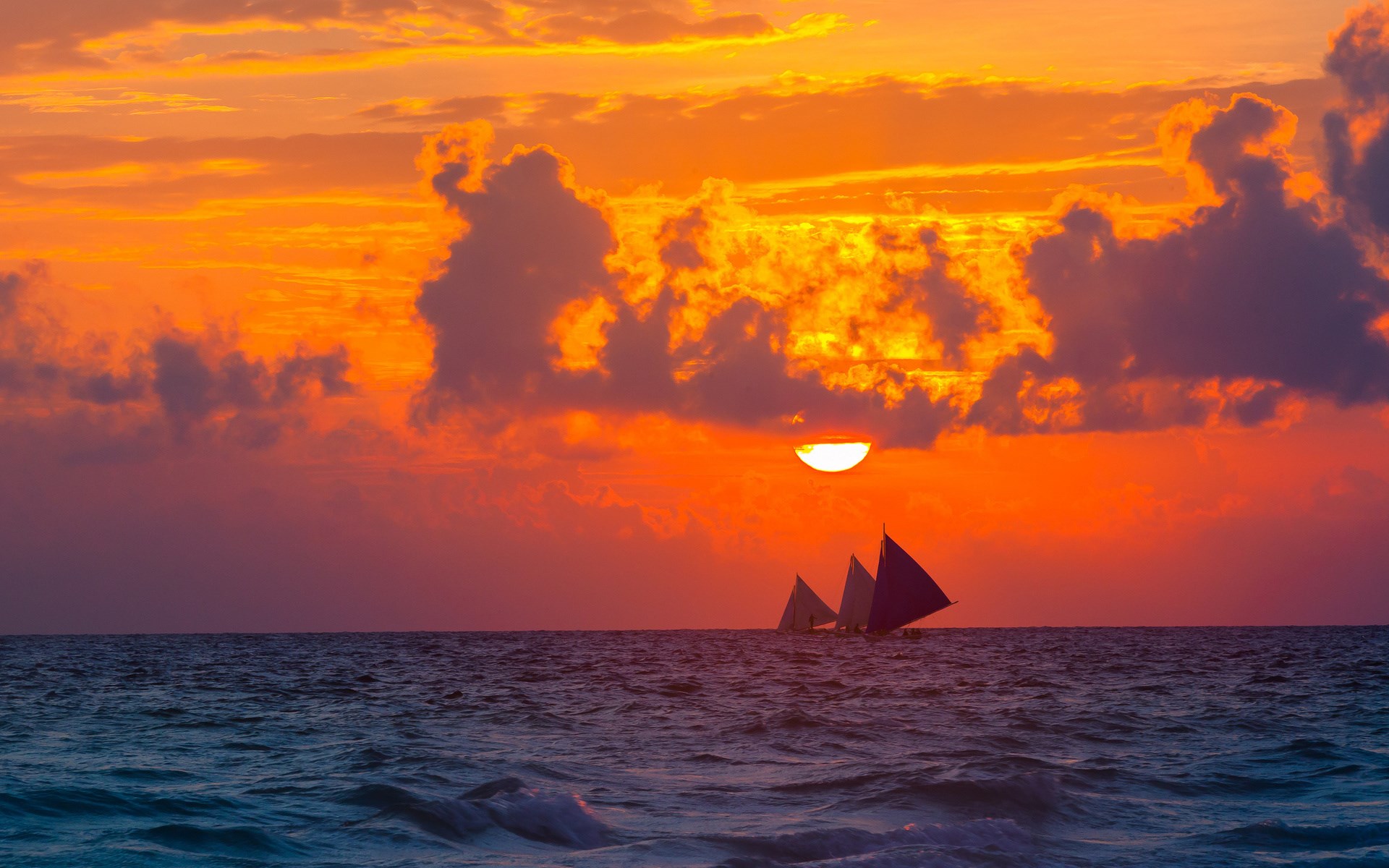 Sailboats on the ocean at sunset HD Wallpaper