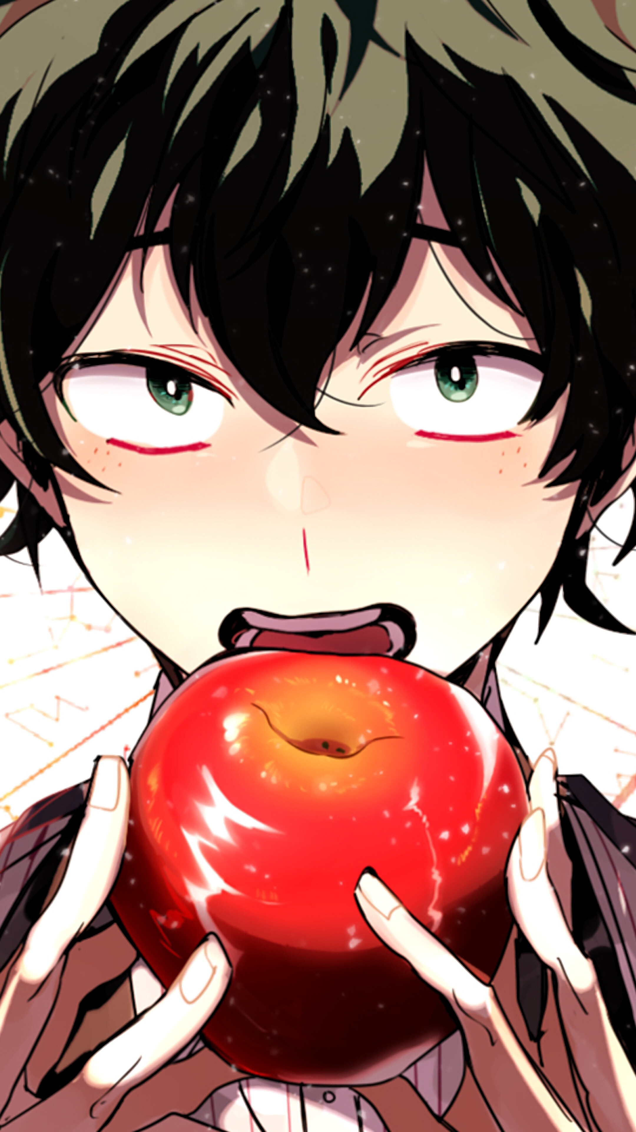 Izuku Midoriya from My Hero Academia eating an apple HD Phone Wallpaper