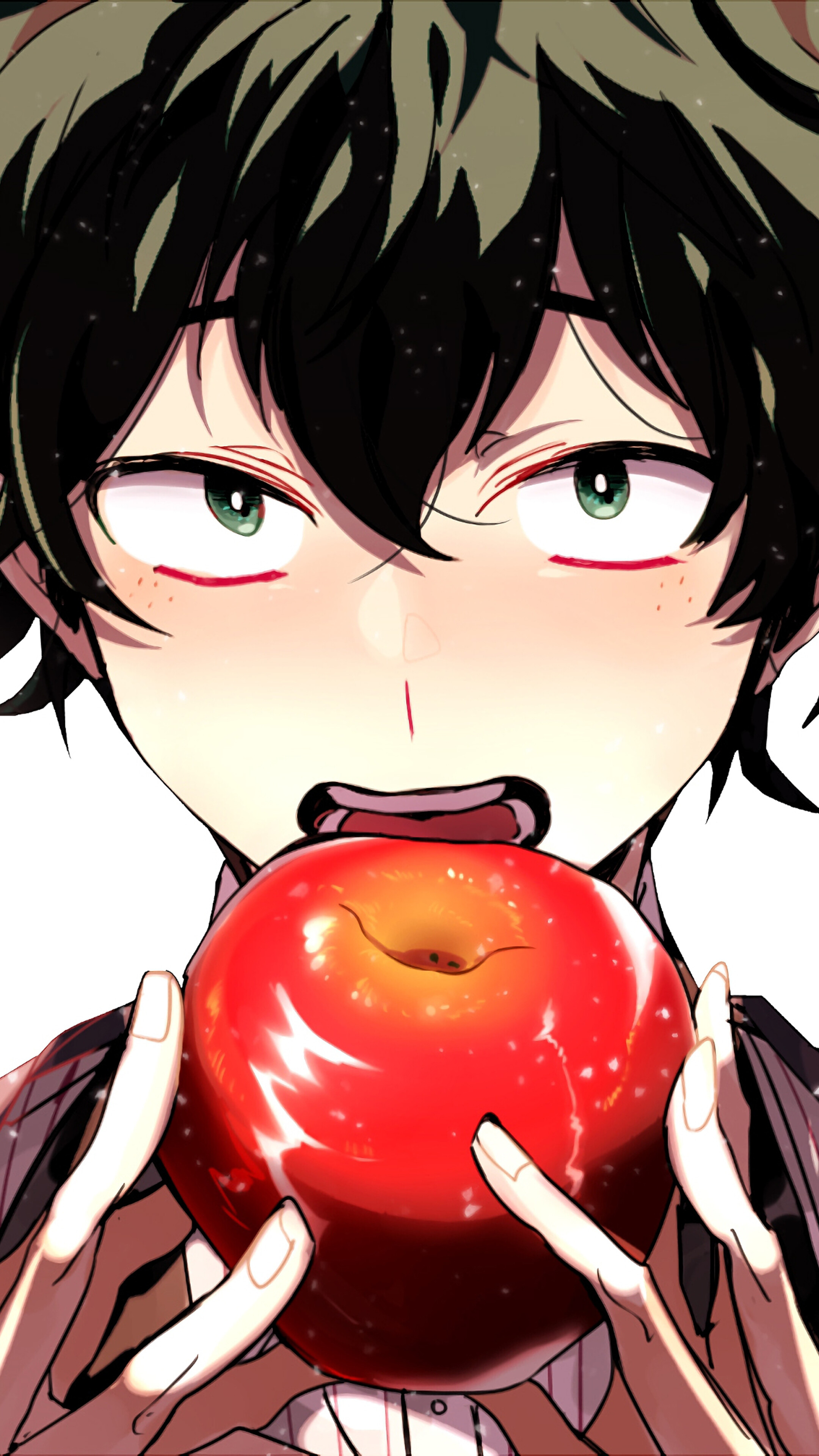 Izuku Midoriya from My Hero Academia eating an apple 4K HD Phone Wallpaper