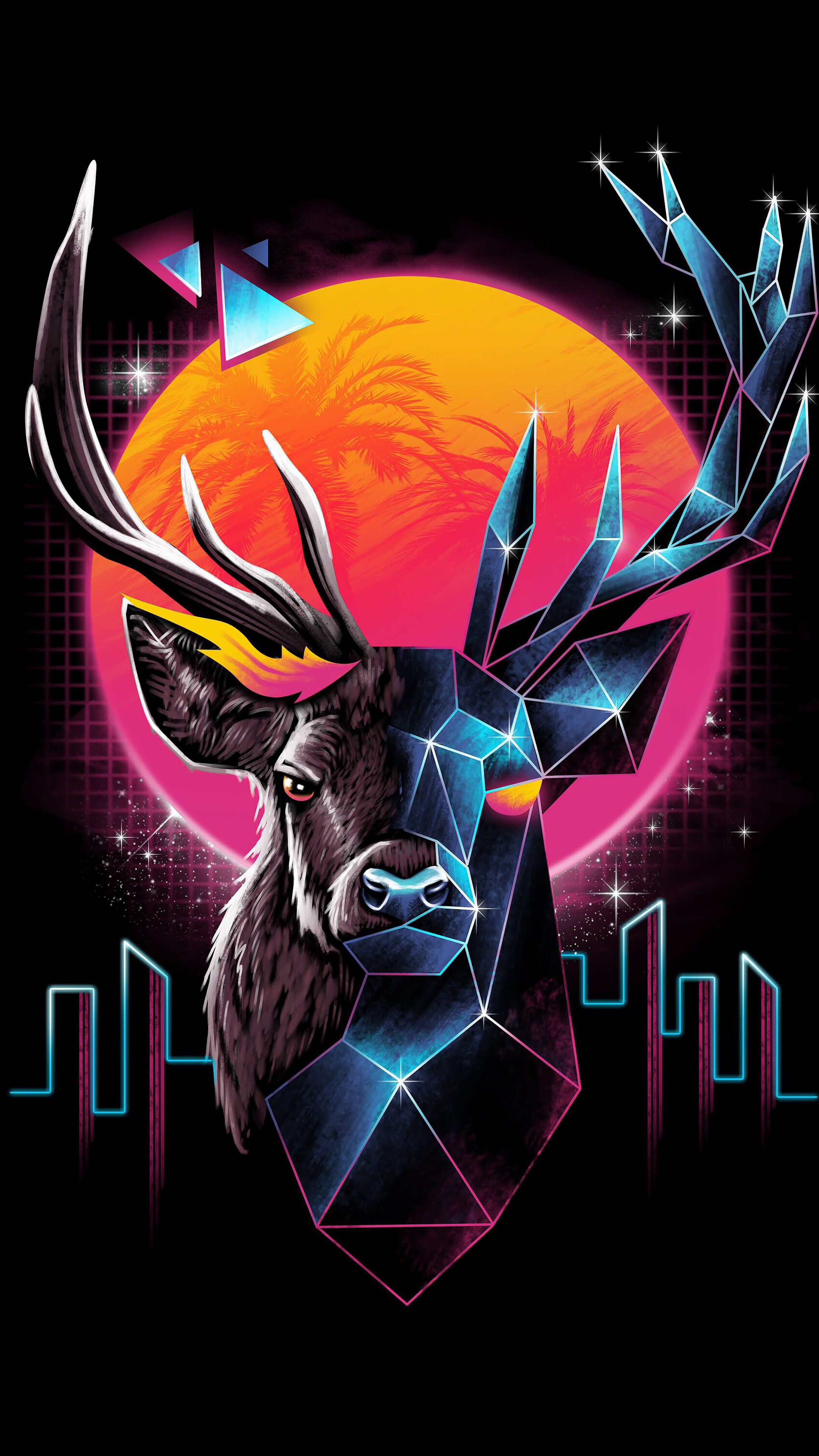 Abstract Geometric Deer with Neon Cityscape and Sunset HD Phone Wallpaper