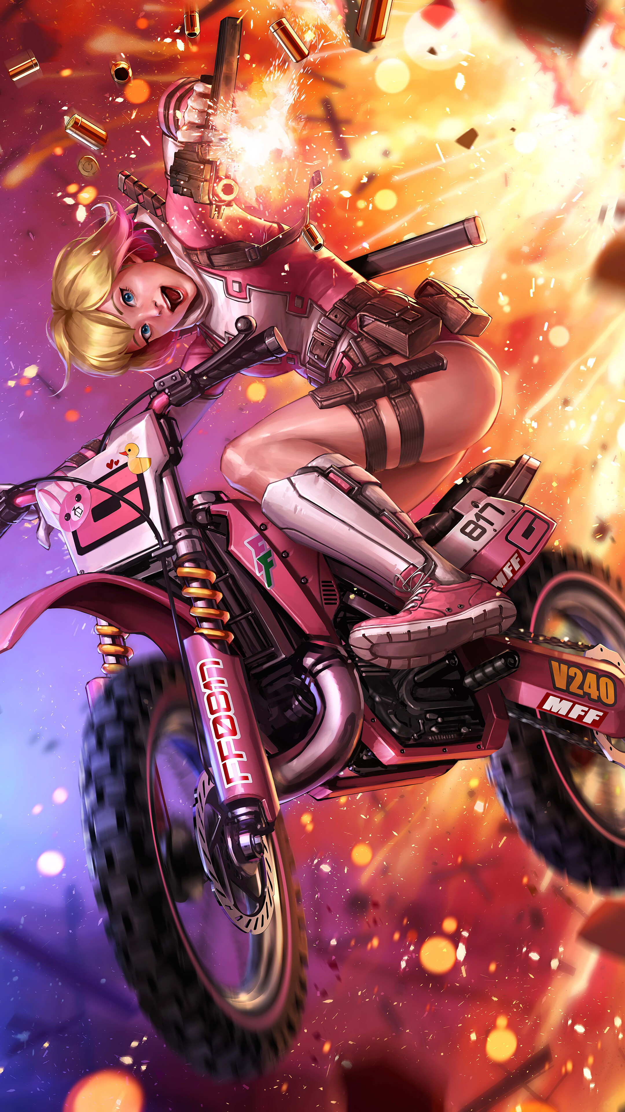 Gwenpool on a motorcycle firing guns HD Phone Wallpaper