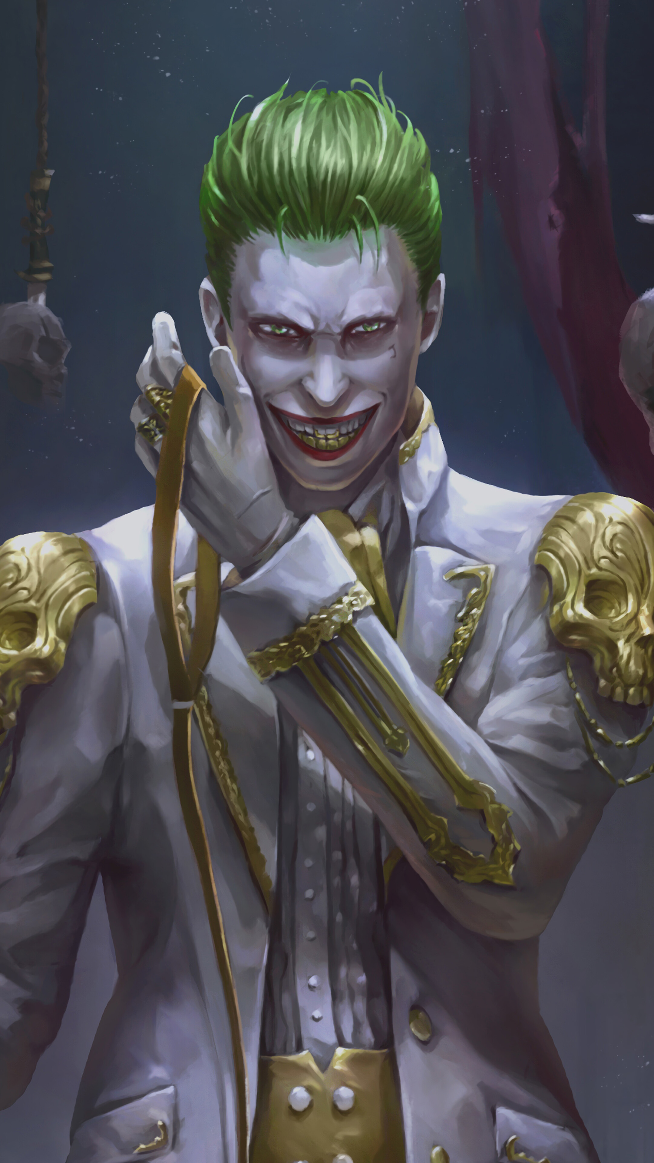 Joker in a white suit with gold skull epaulets HD Phone Wallpaper