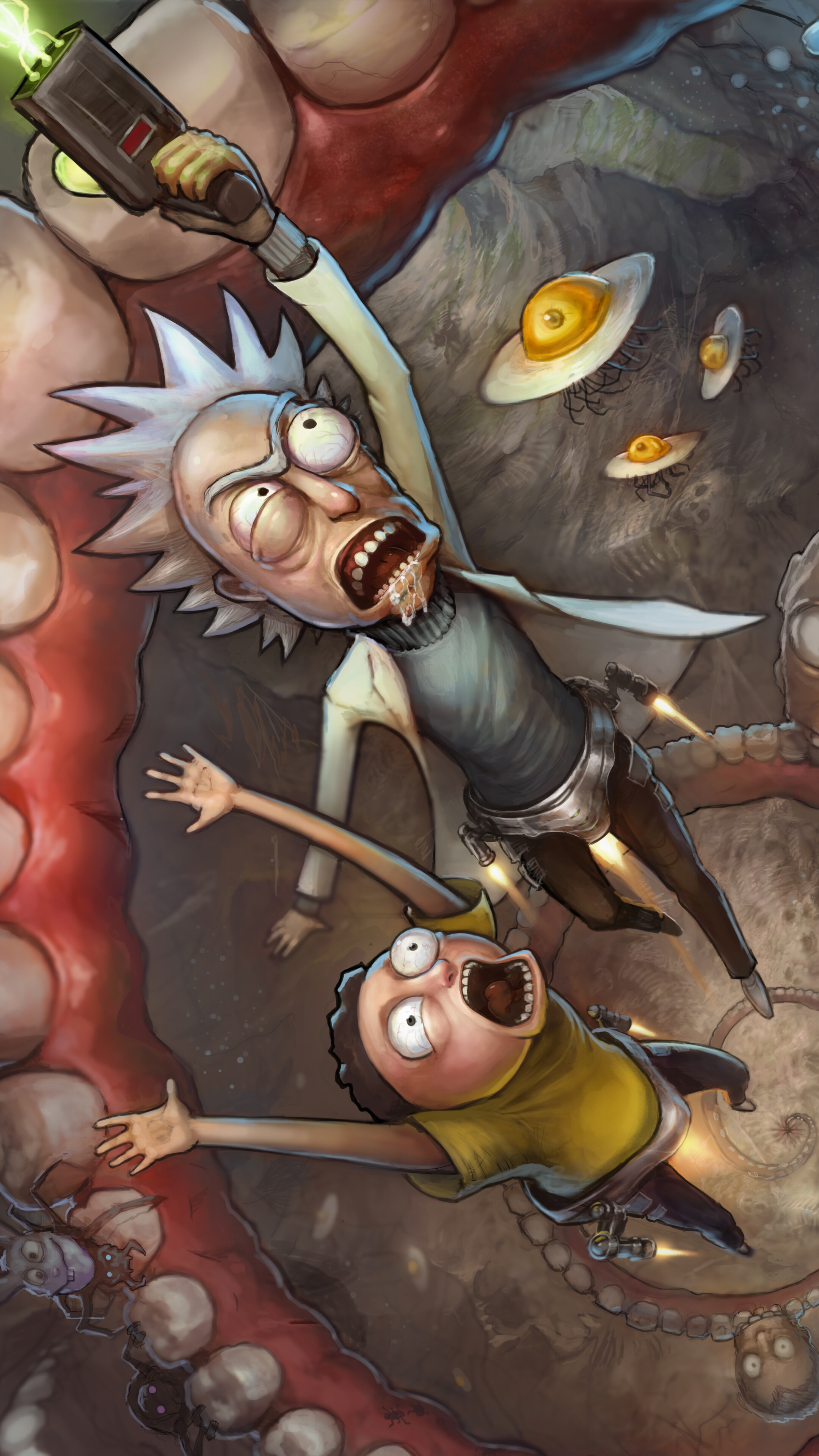 Rick and Morty fighting a giant creature HD Phone Wallpaper