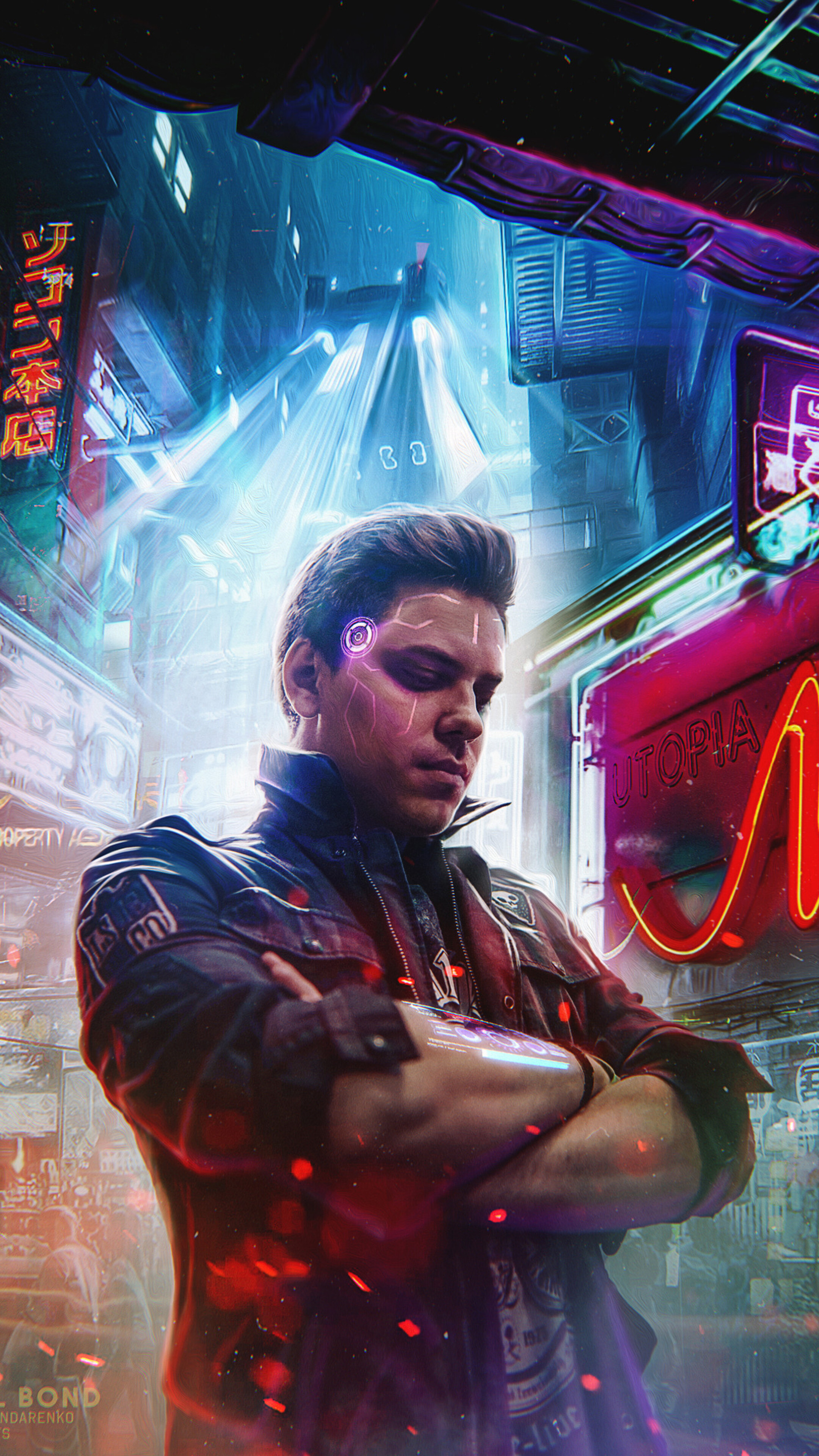 Man with cybernetic implants in Cyberpunk 2077 4K HD Phone Wallpaper