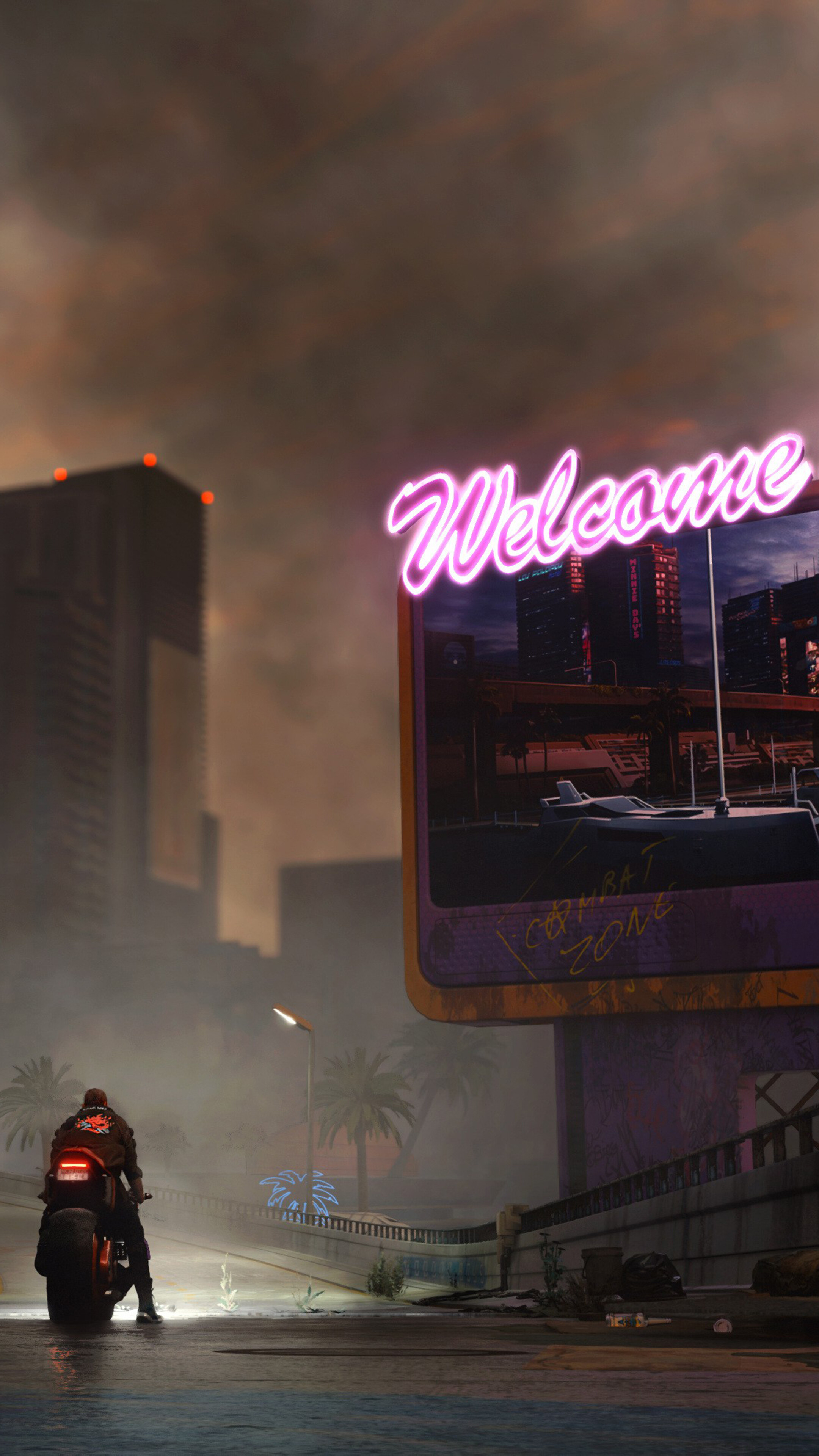 Cyberpunk 2077 motorcycle rider at welcome sign HD Phone Wallpaper