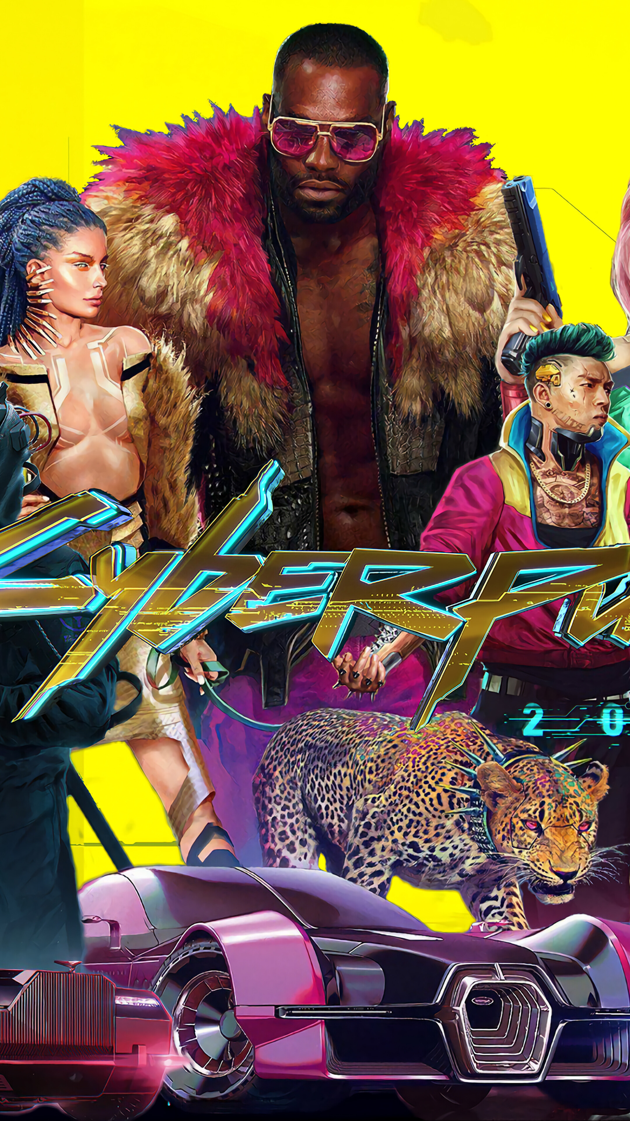 Cyberpunk 2077 characters with car and leopard HD Phone Wallpaper