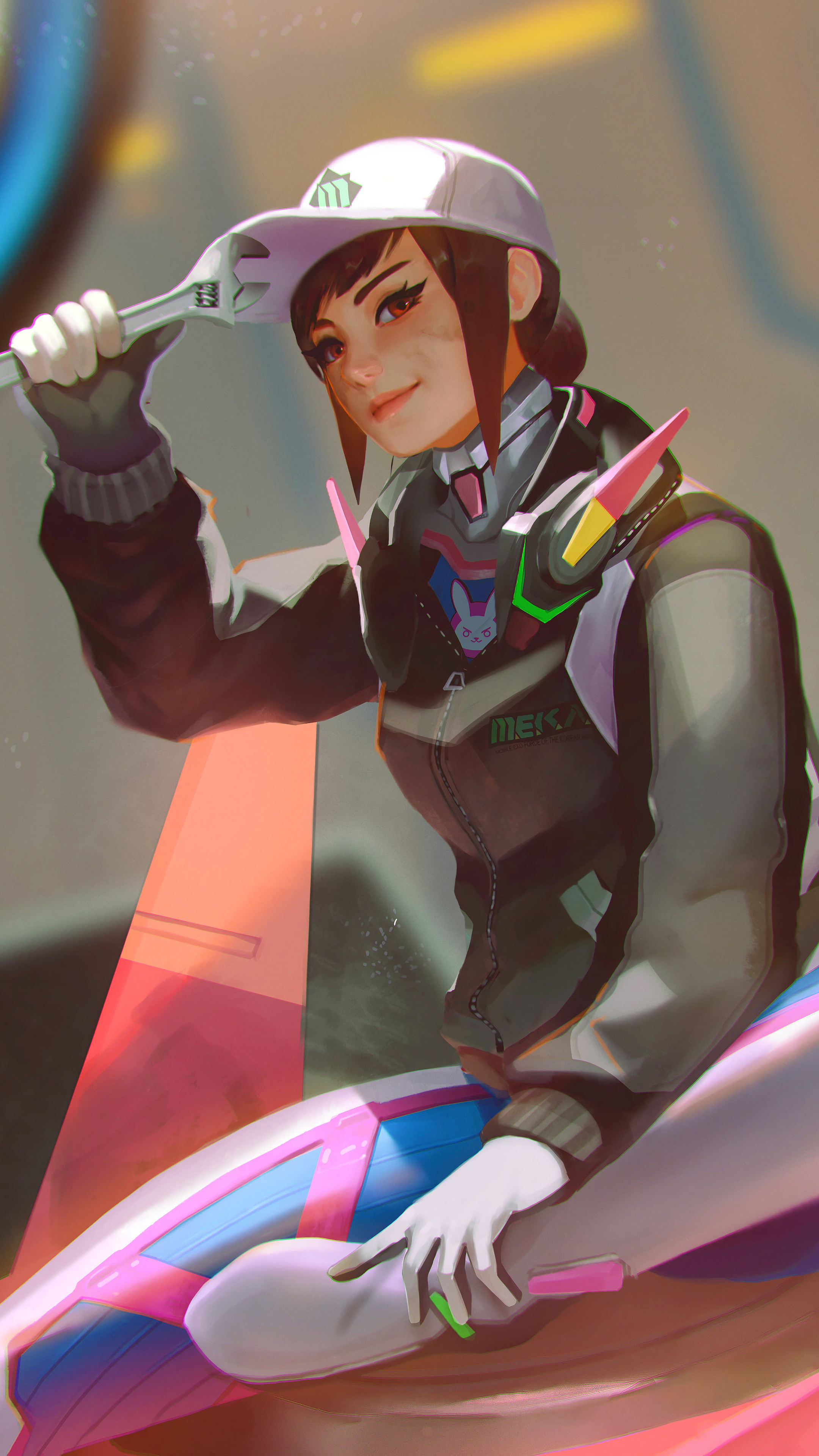 D.Va from Overwatch holding a wrench HD Phone Wallpaper