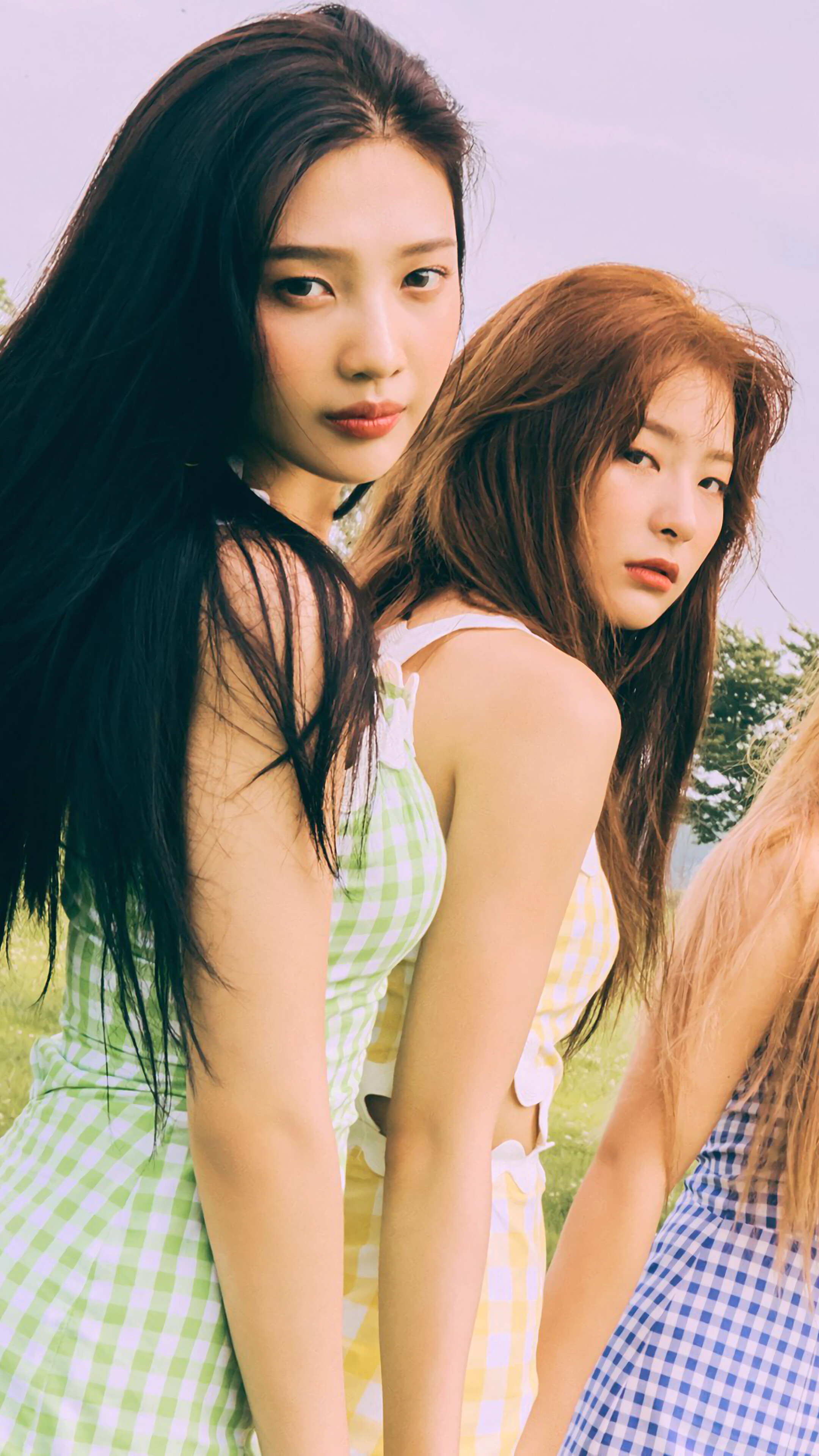 Red Velvet members Joy and Seulgi in gingham dresses HD Phone Wallpaper