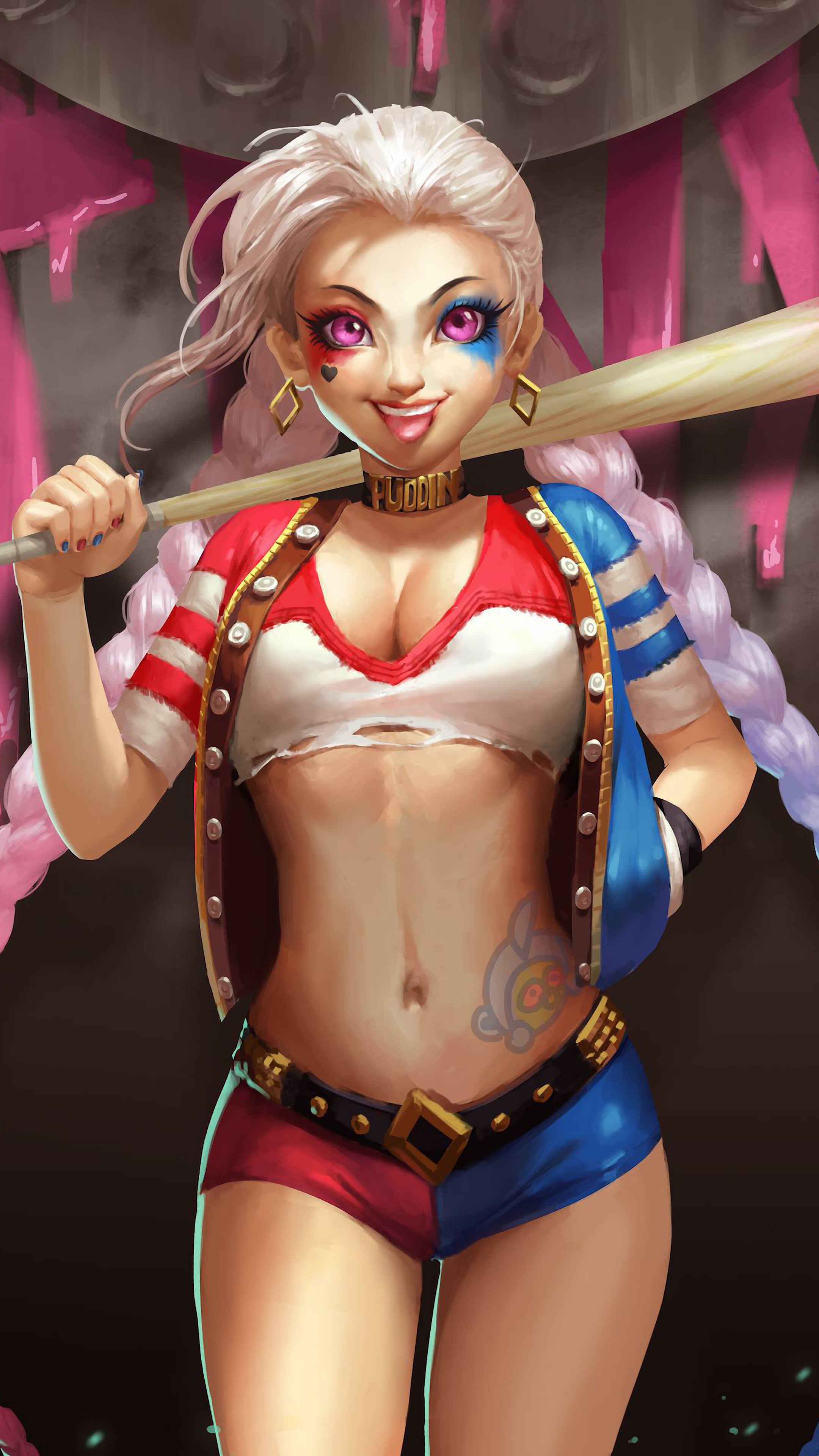 Harley Quinn from DC Comics with a baseball bat HD Phone Wallpaper