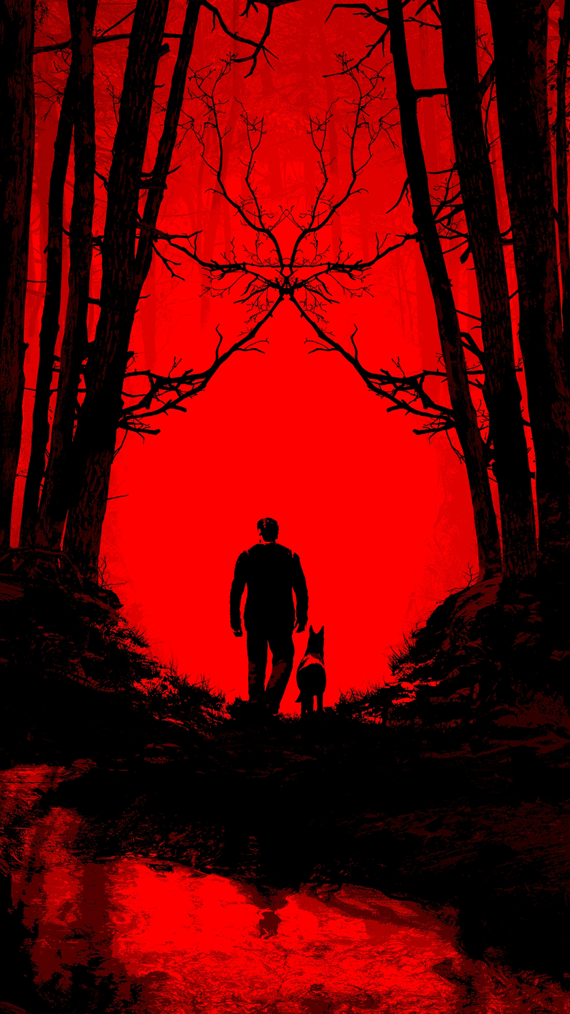 Man and dog in a red forest HD Phone Wallpaper