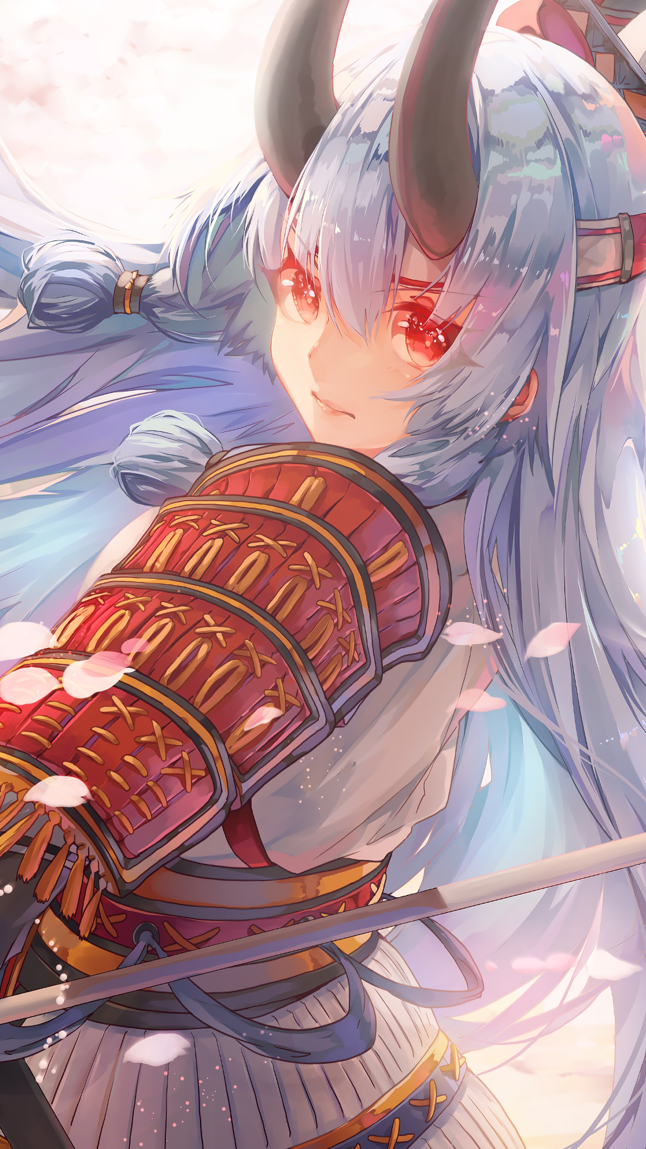 Anime girl warrior with horns and samurai armor HD Phone Wallpaper