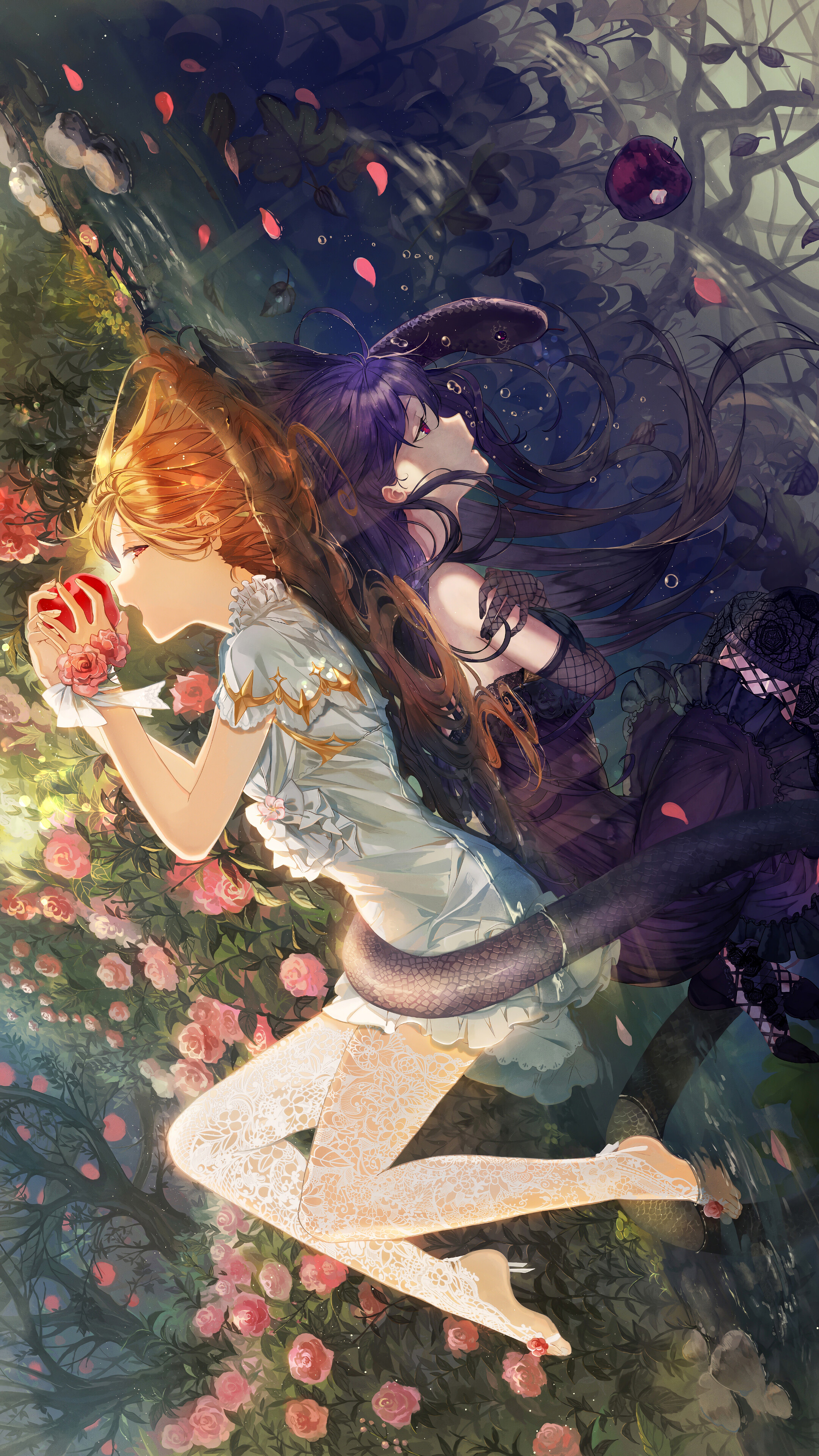 Anime, Girl, Fantasy, Flowers, Apple, 4k HD Phone Wallpaper