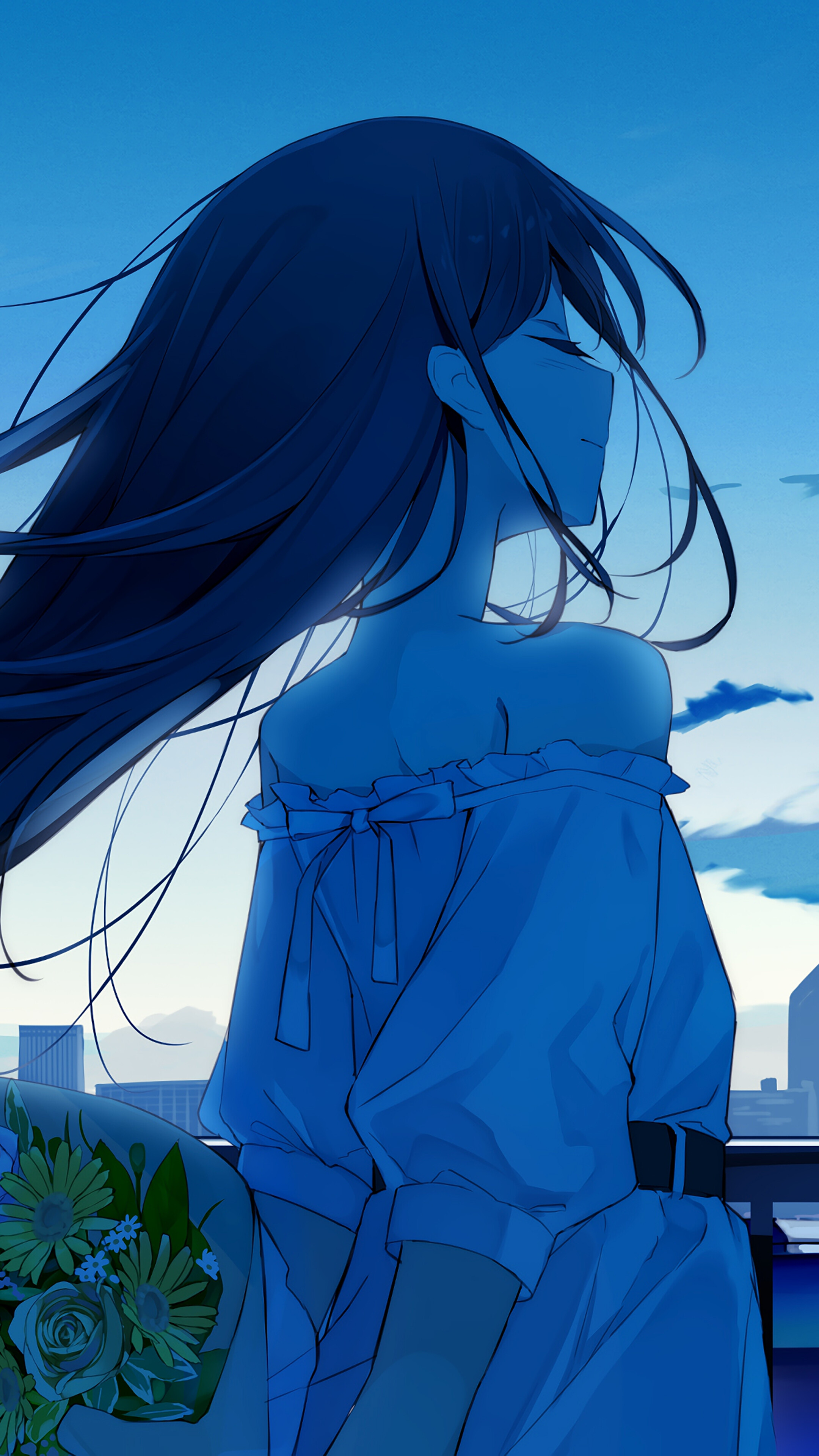Anime girl with flowers at sunrise HD Phone Wallpaper