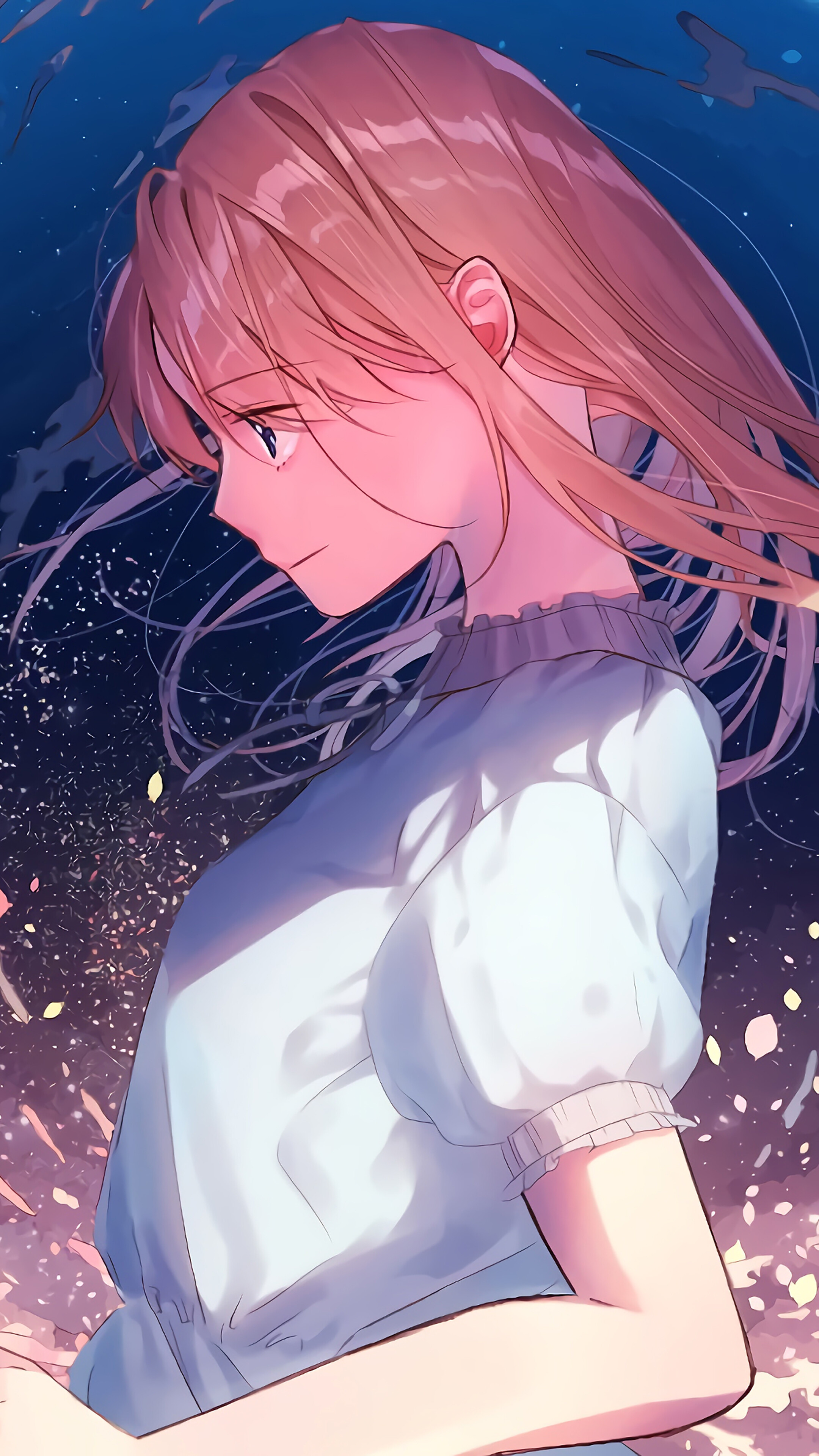 Anime girl with long blonde hair in a white dress HD Phone Wallpaper