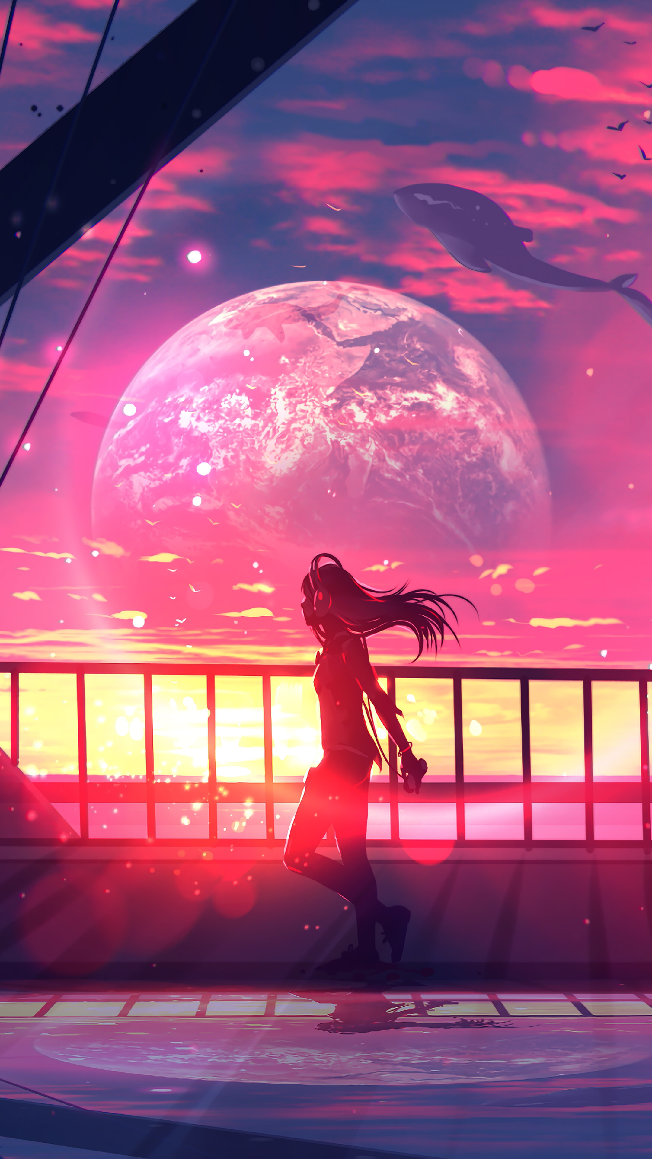 Anime girl with headphones at sunset with planet and whale HD Phone Wallpaper
