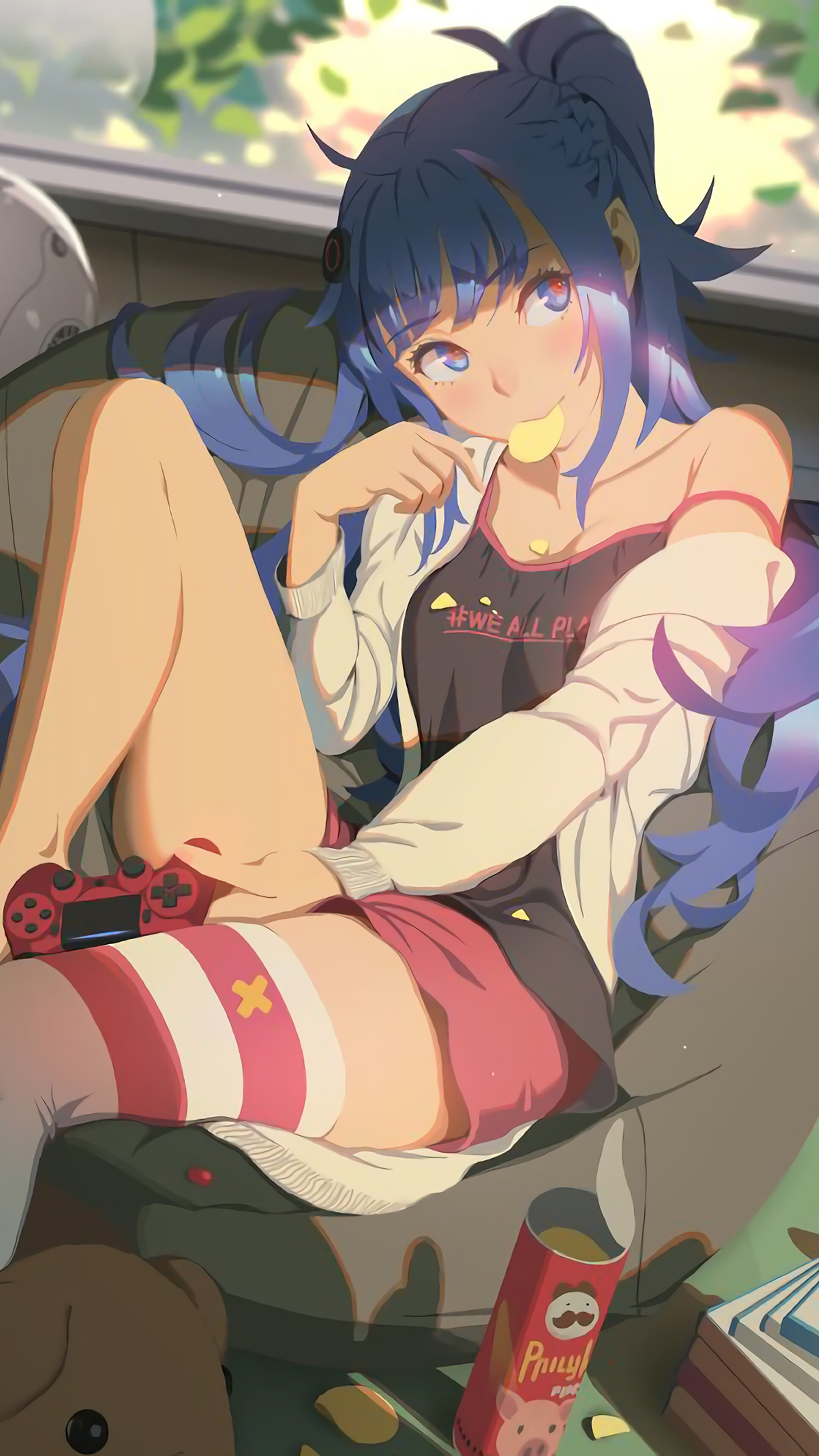 Anime girl with blue hair playing Playstation HD Phone Wallpaper