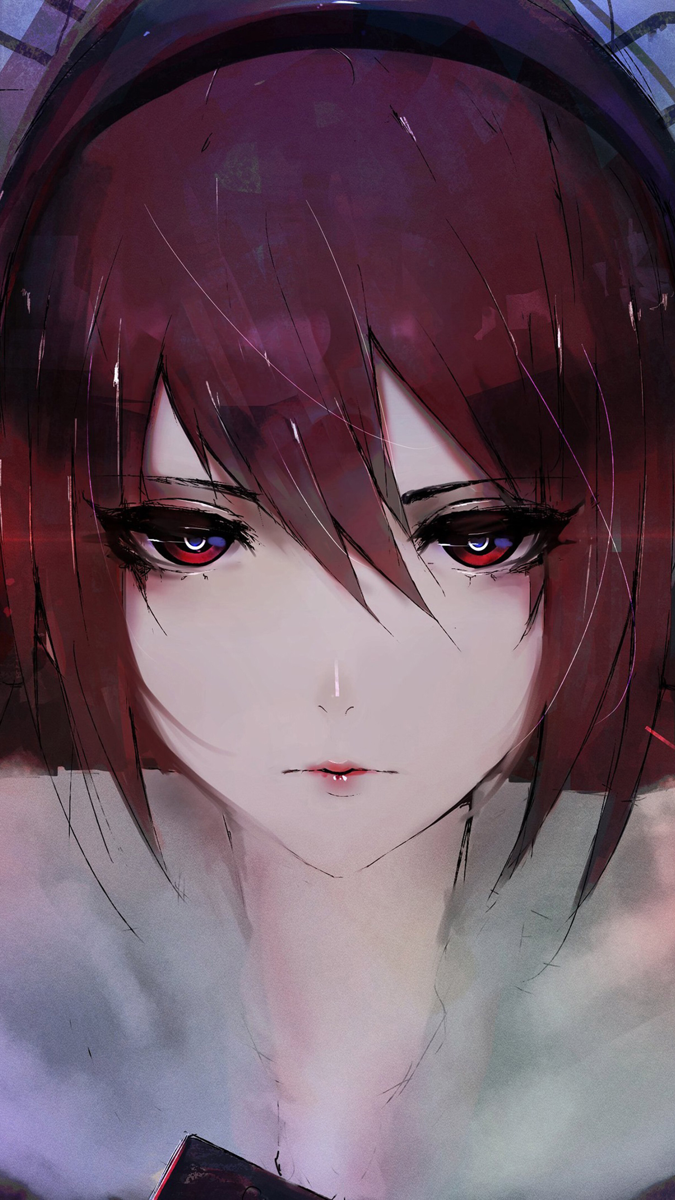 Anime Girl with Red Eyes and Headphones 4K HD Phone Wallpaper