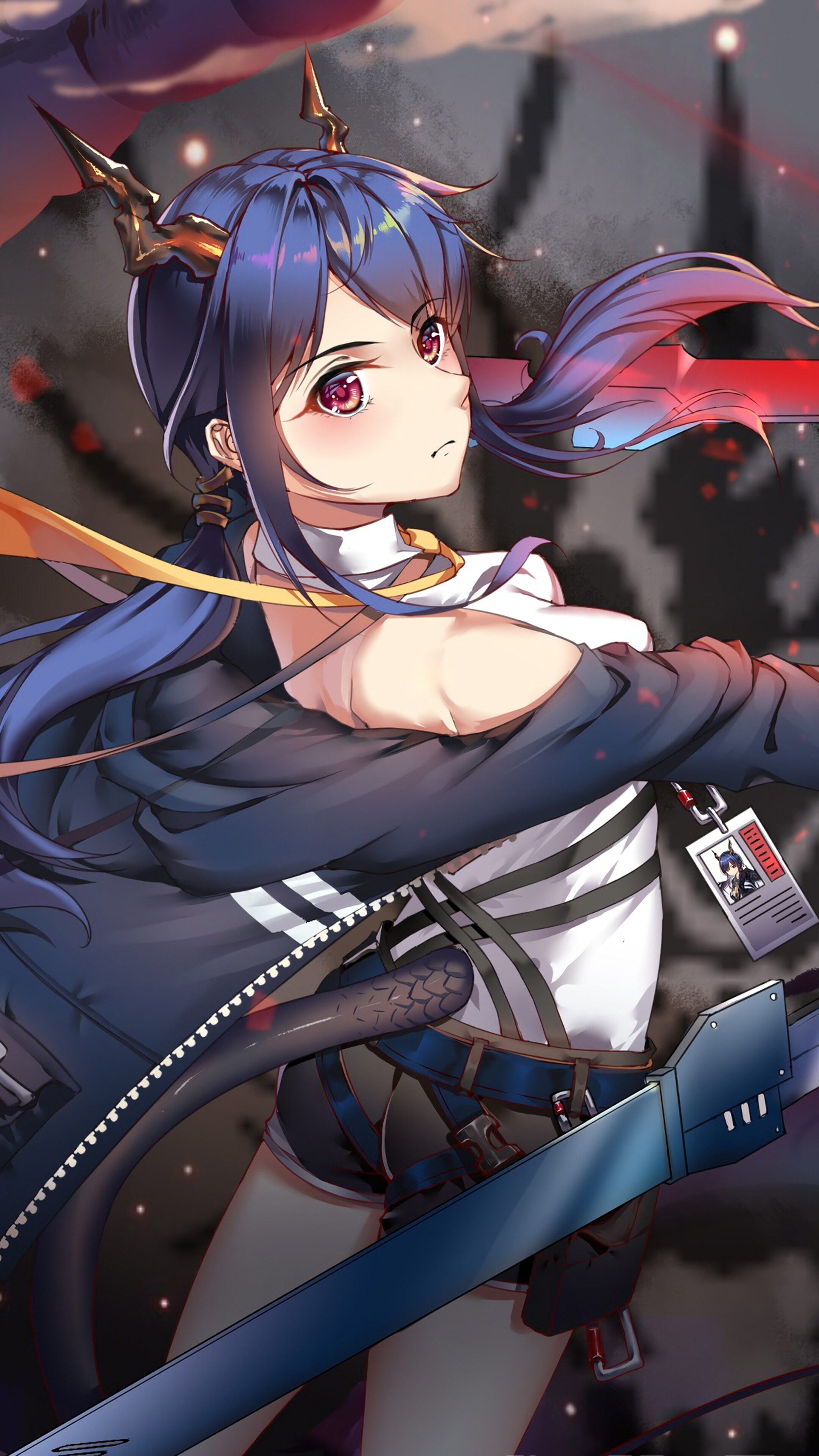Anime Girl with Dragon Horns and Sword 4K HD Phone Wallpaper