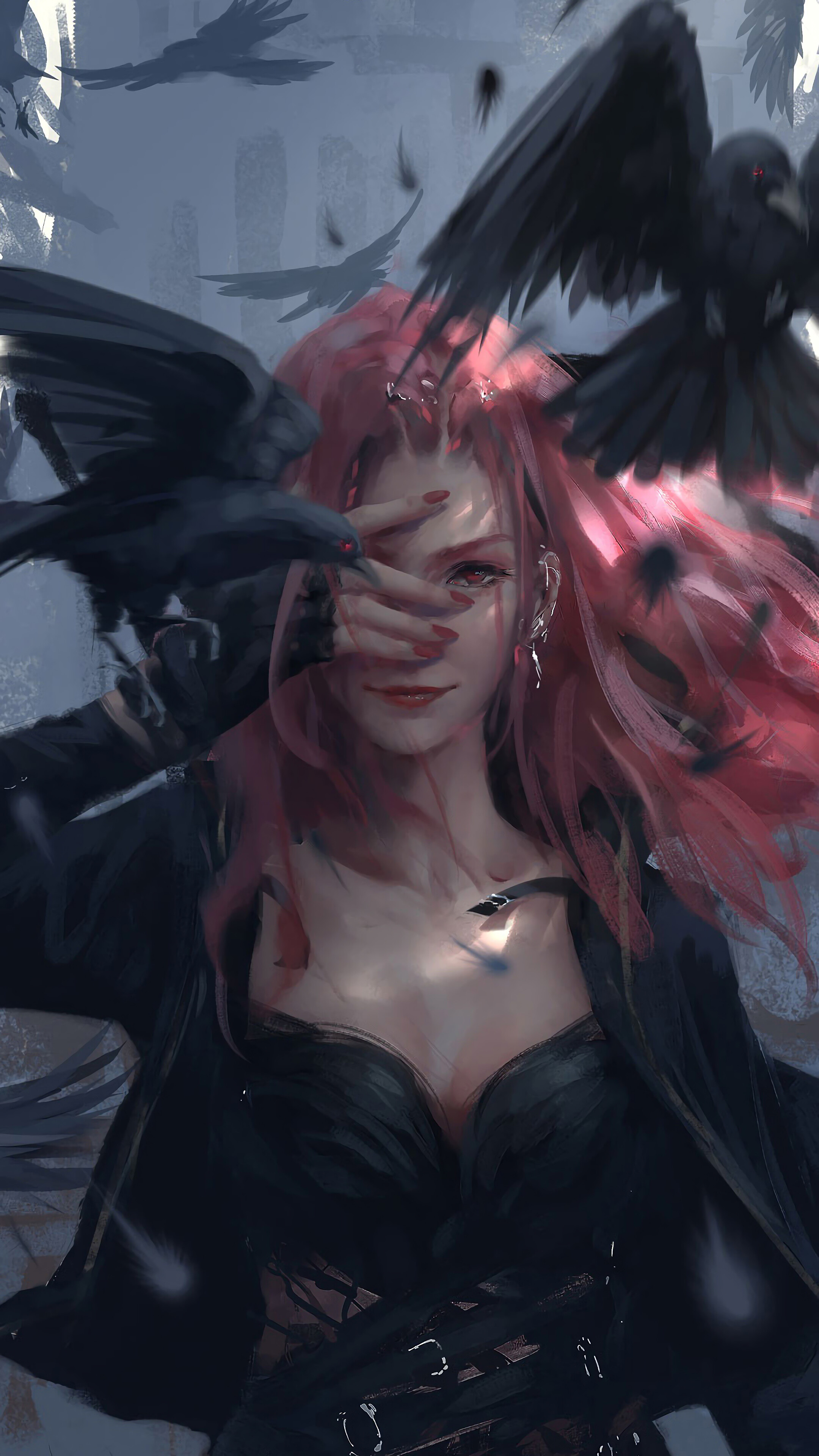 Fantasy Girl with Red Hair and Crows 4K HD Phone Wallpaper
