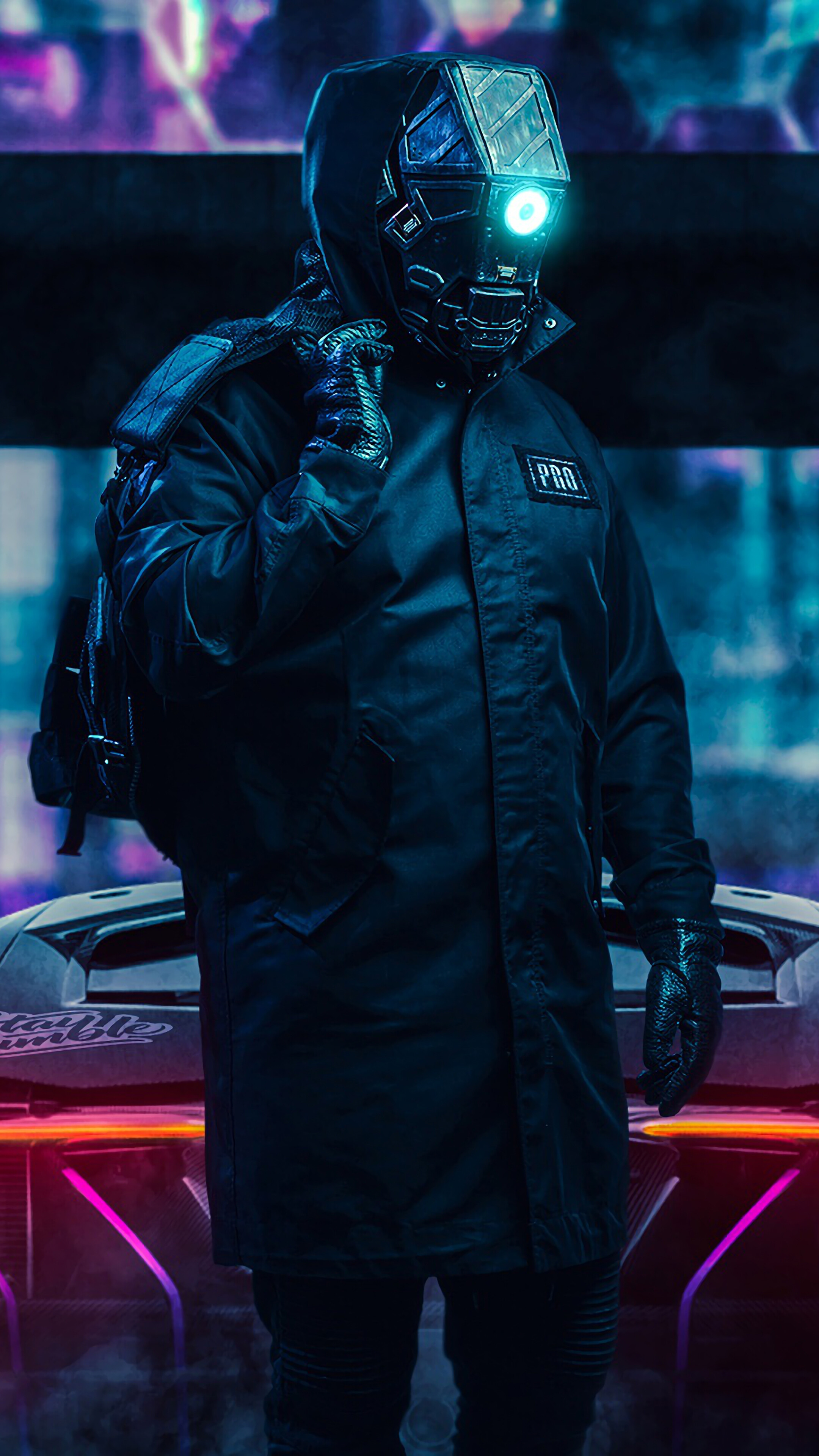 Cyberpunk character with a futuristic car HD Phone Wallpaper