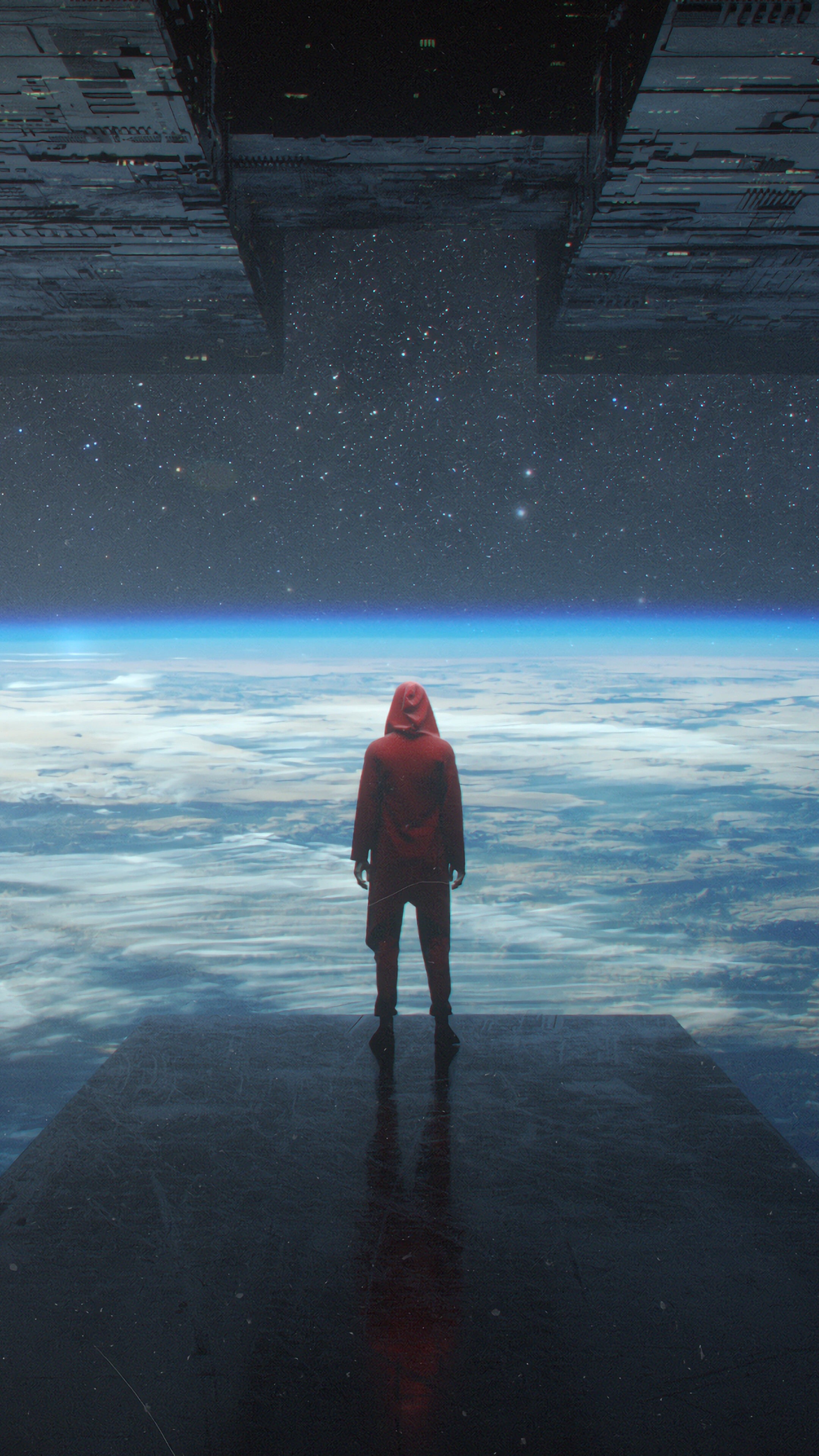 Sci-Fi scene with person overlooking Earth from space HD Phone Wallpaper
