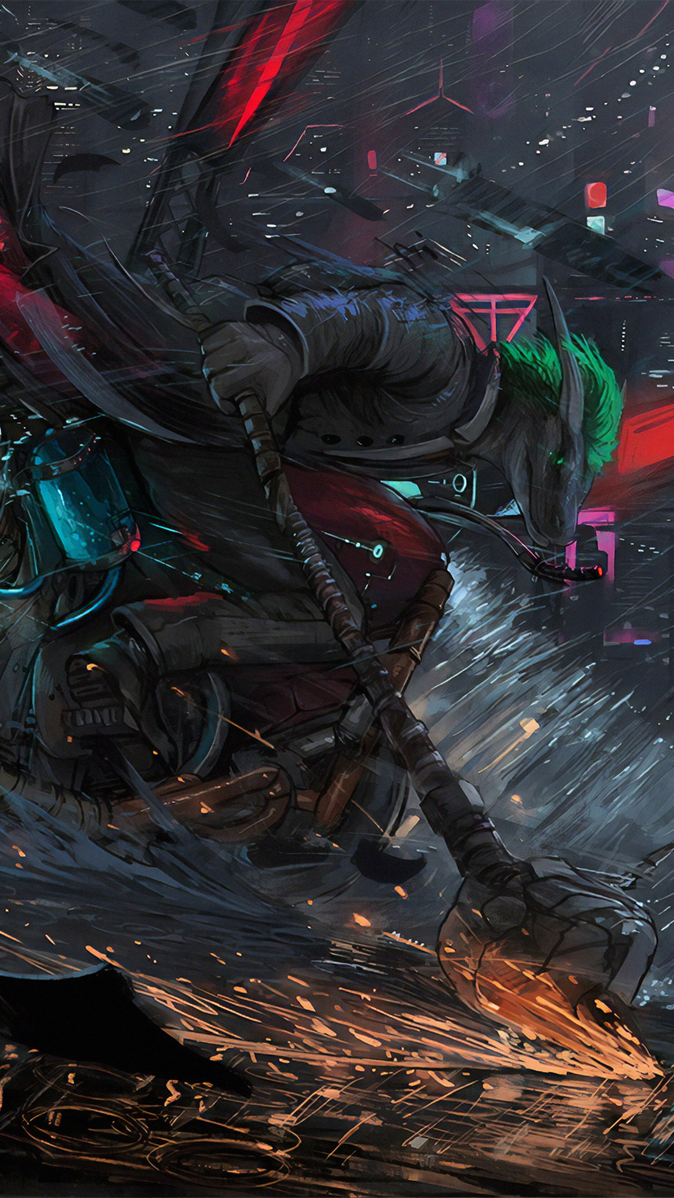 Cyberpunk character riding a motorcycle HD Phone Wallpaper