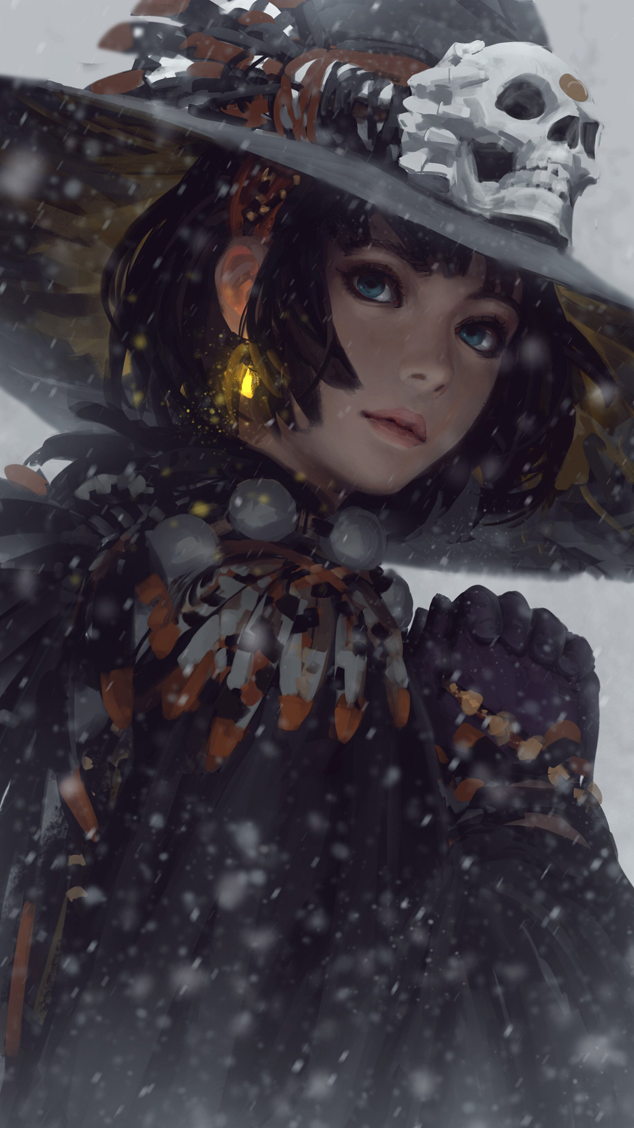 Fantasy girl witch with skull hat in snow HD Phone Wallpaper