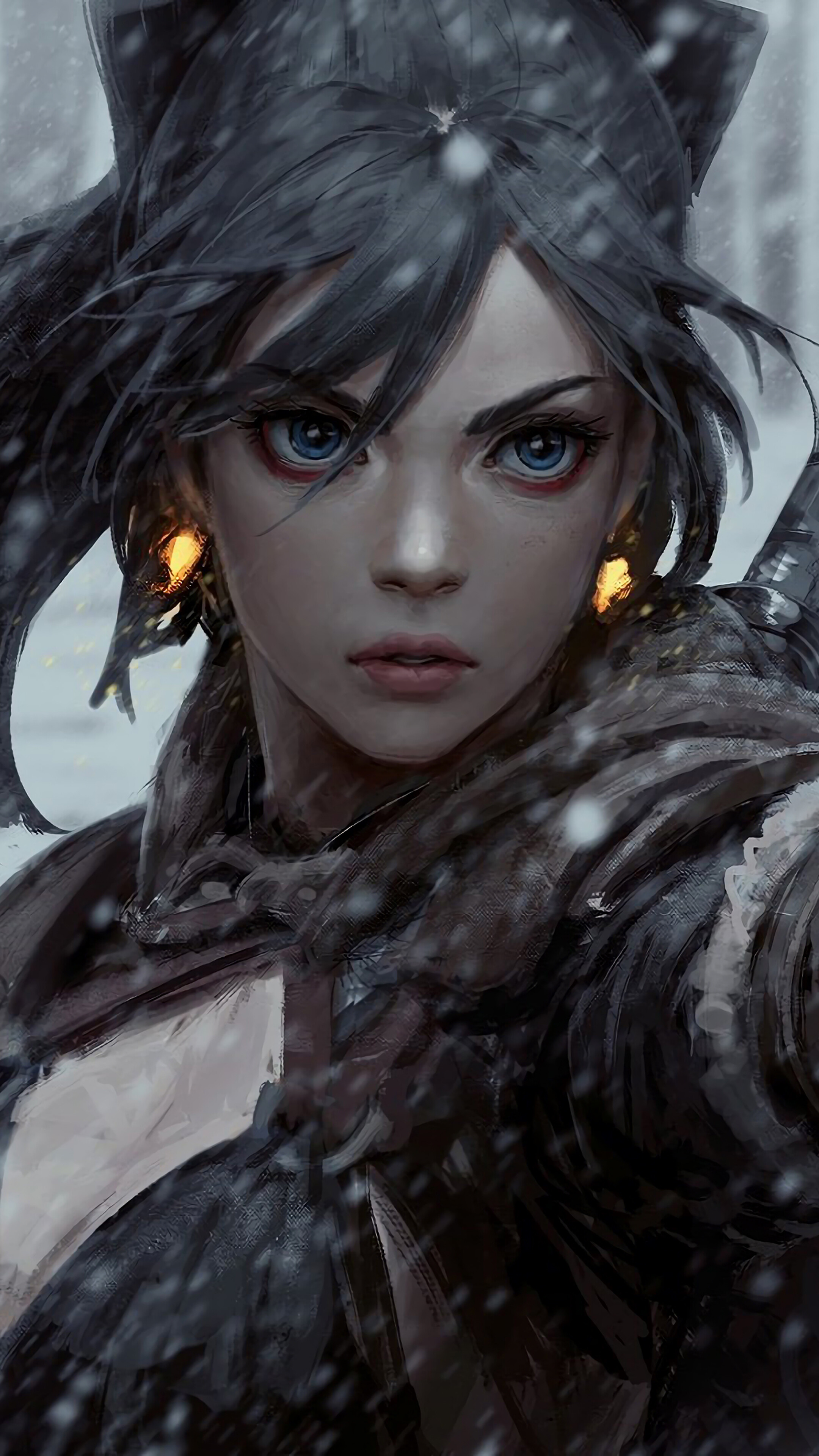Fantasy girl with blue eyes in snow HD Phone Wallpaper