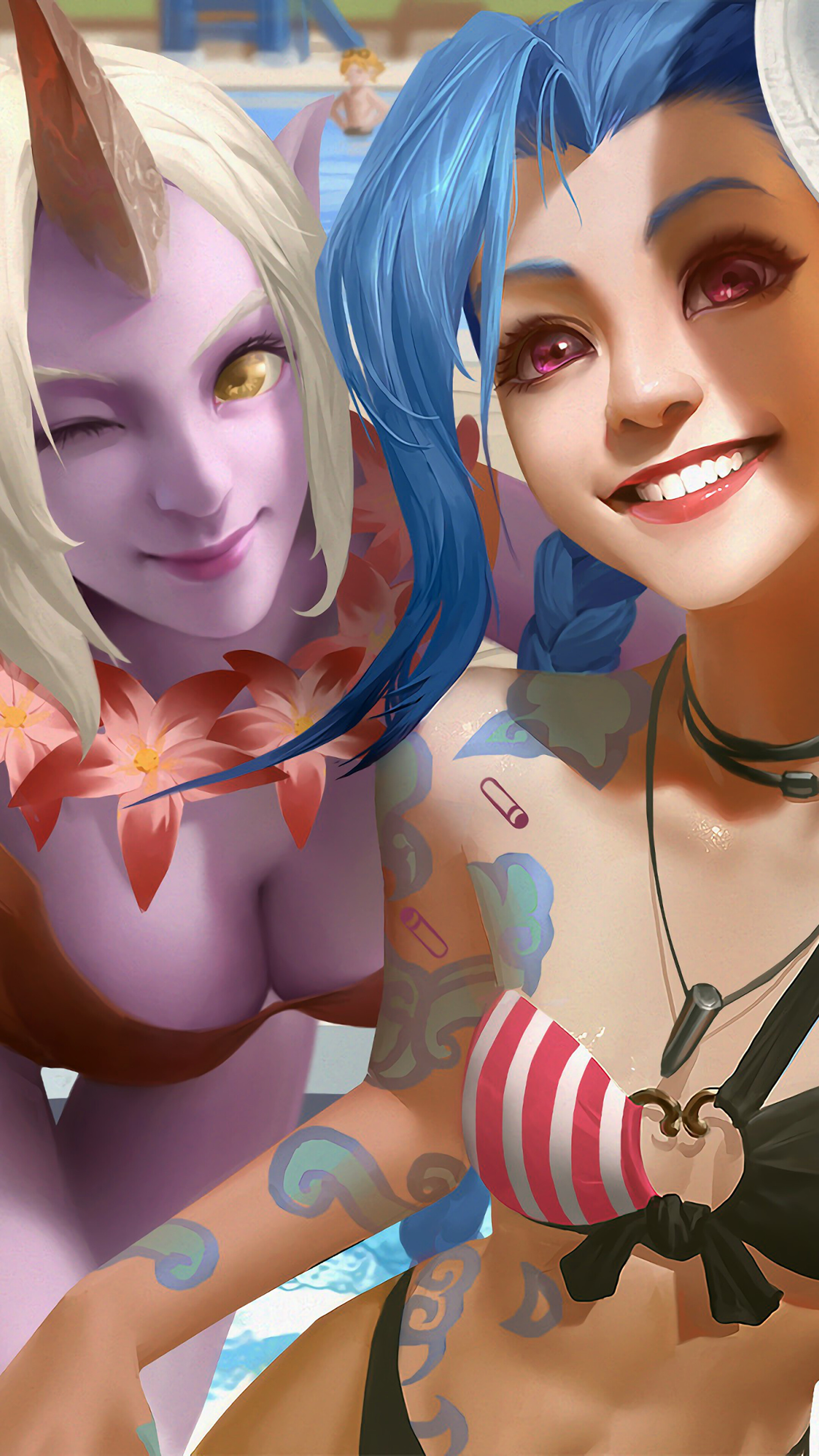 Jinx and Soraka from League of Legends Pool Party 4K HD Phone Wallpaper