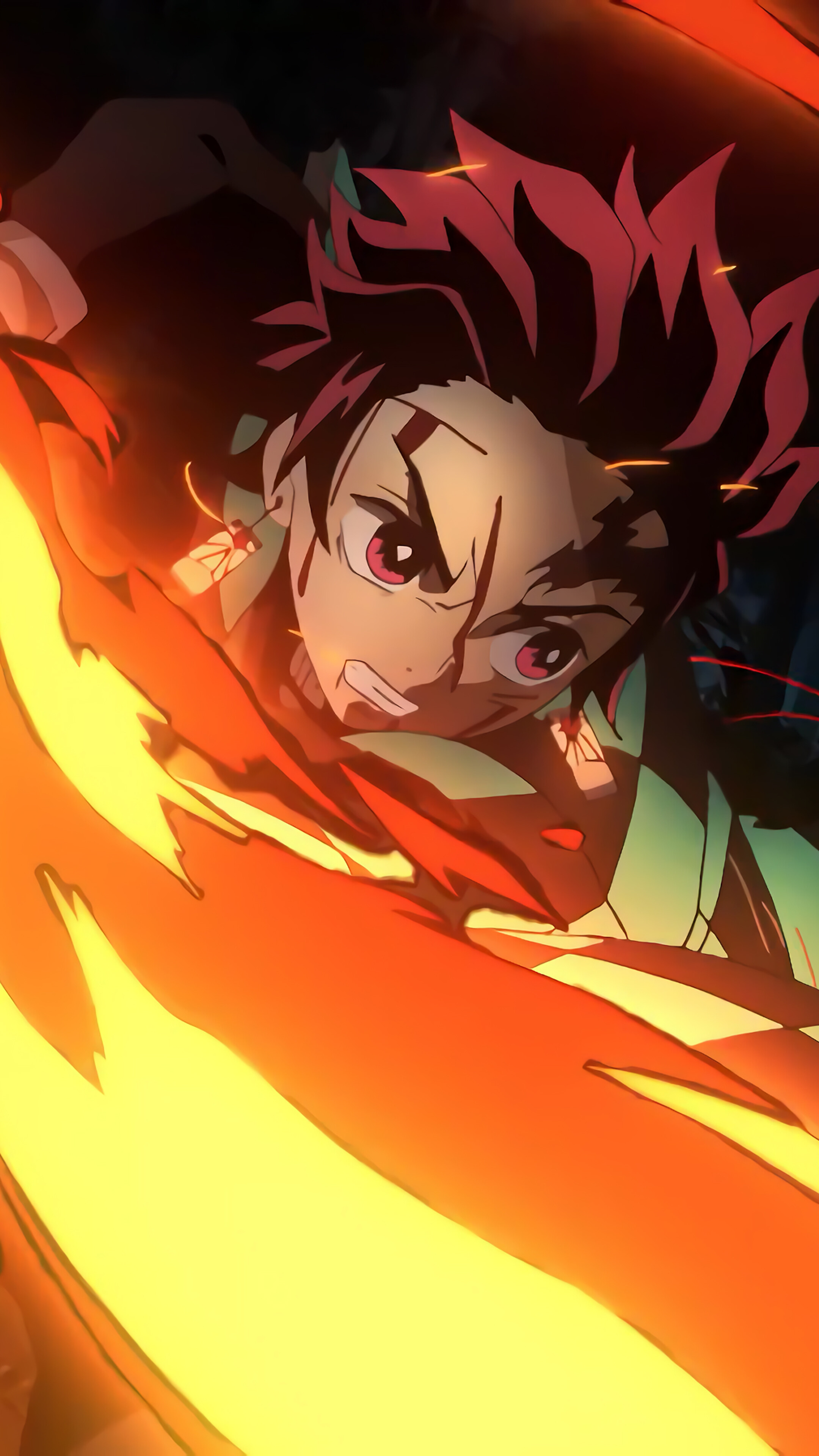 Tanjiro Kamado from Kimetsu no Yaiba with Flaming Katana 4K HD Phone Wallpaper
