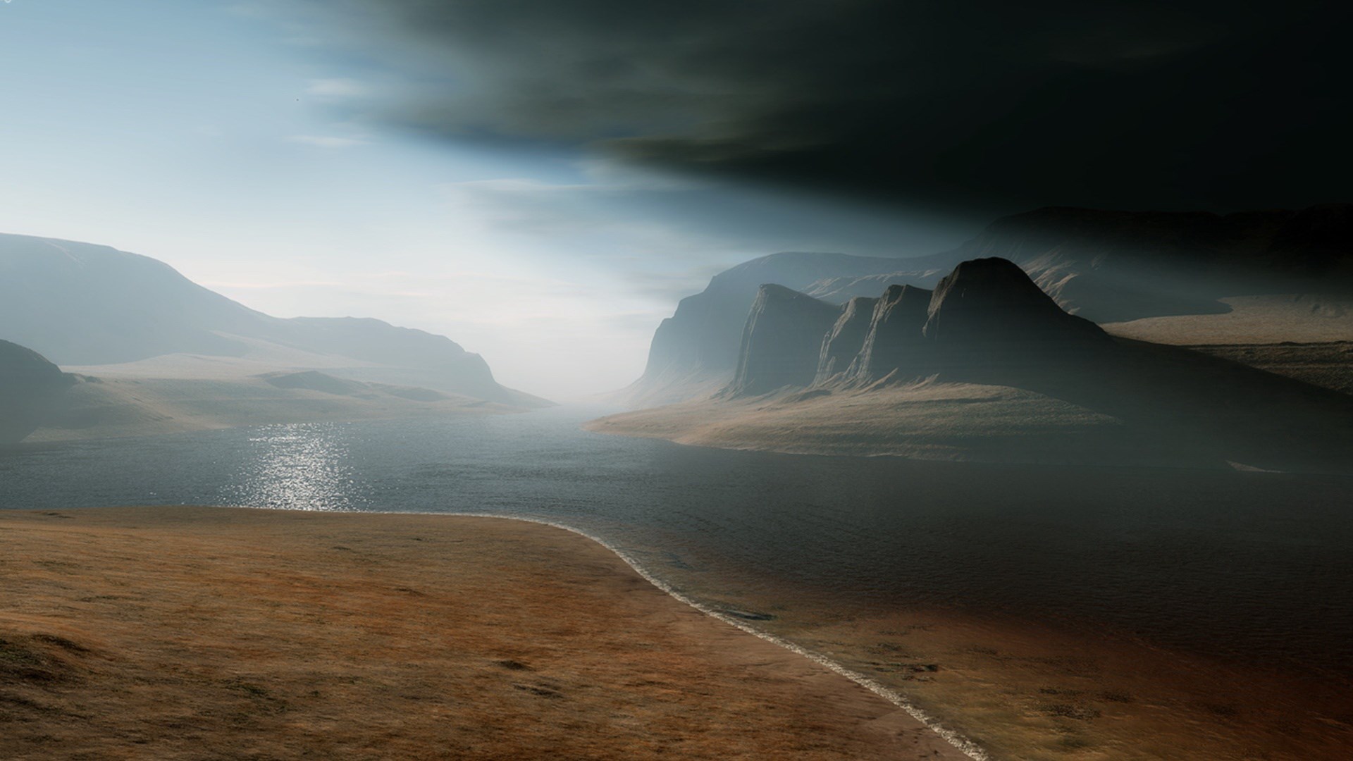 Misty mountains and a lake under dark clouds HD Wallpaper