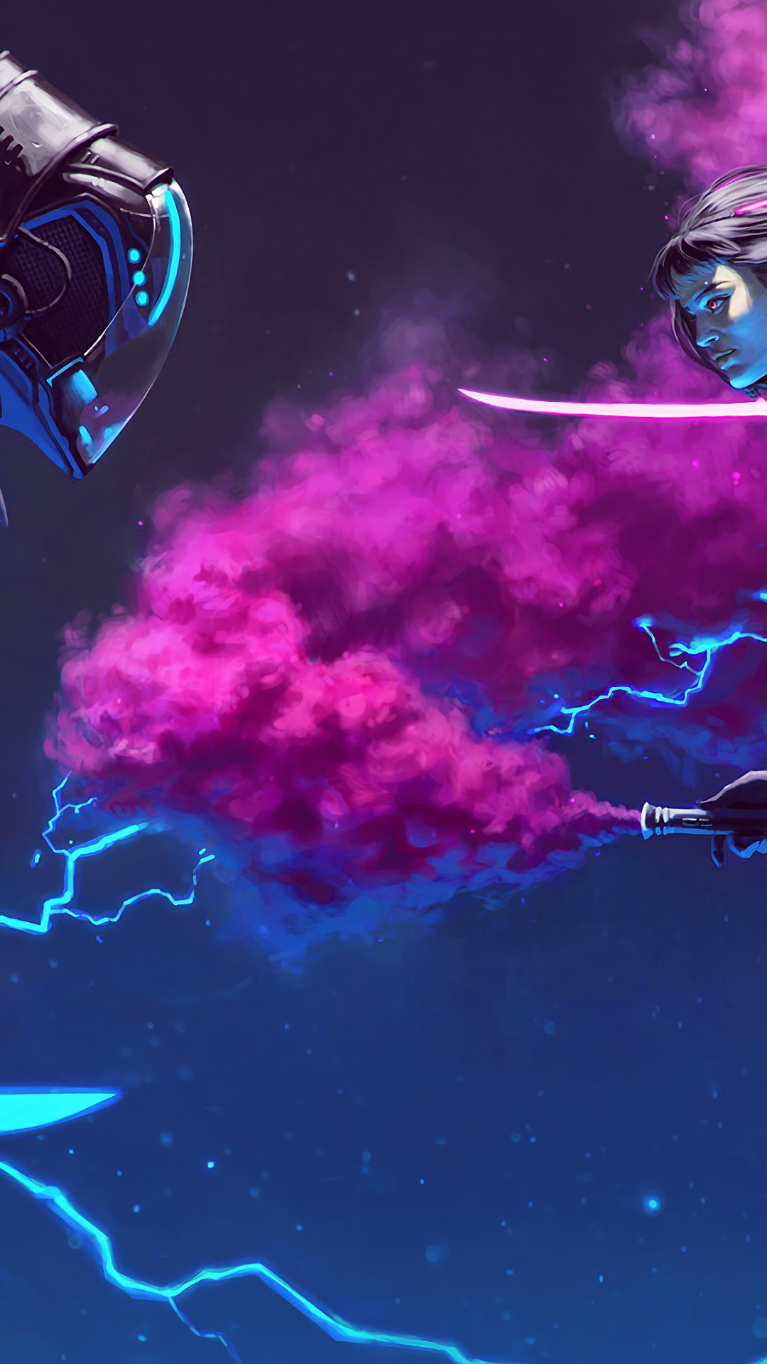 Cyberpunk Sci-Fi Fight with Robot and Woman HD Phone Wallpaper