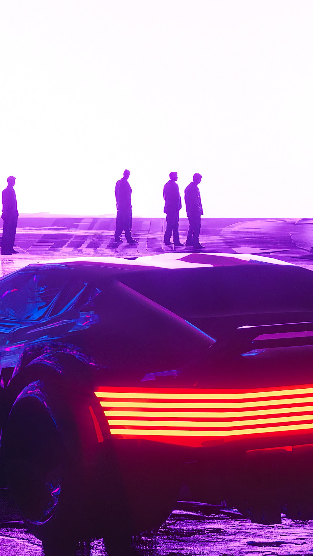 Sci-Fi car with people in purple and red lighting HD Phone Wallpaper