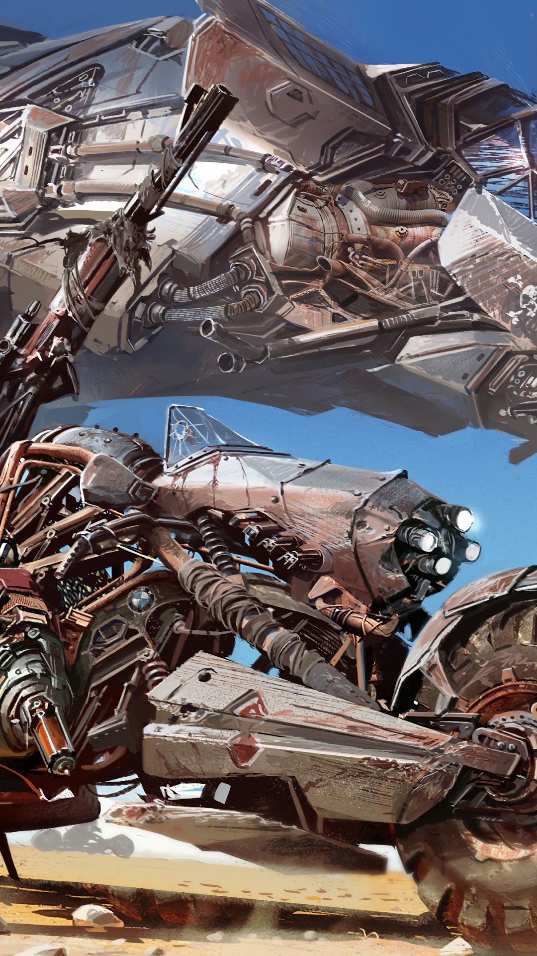 Post-apocalyptic cyberpunk motorcycle and spaceship HD Phone Wallpaper