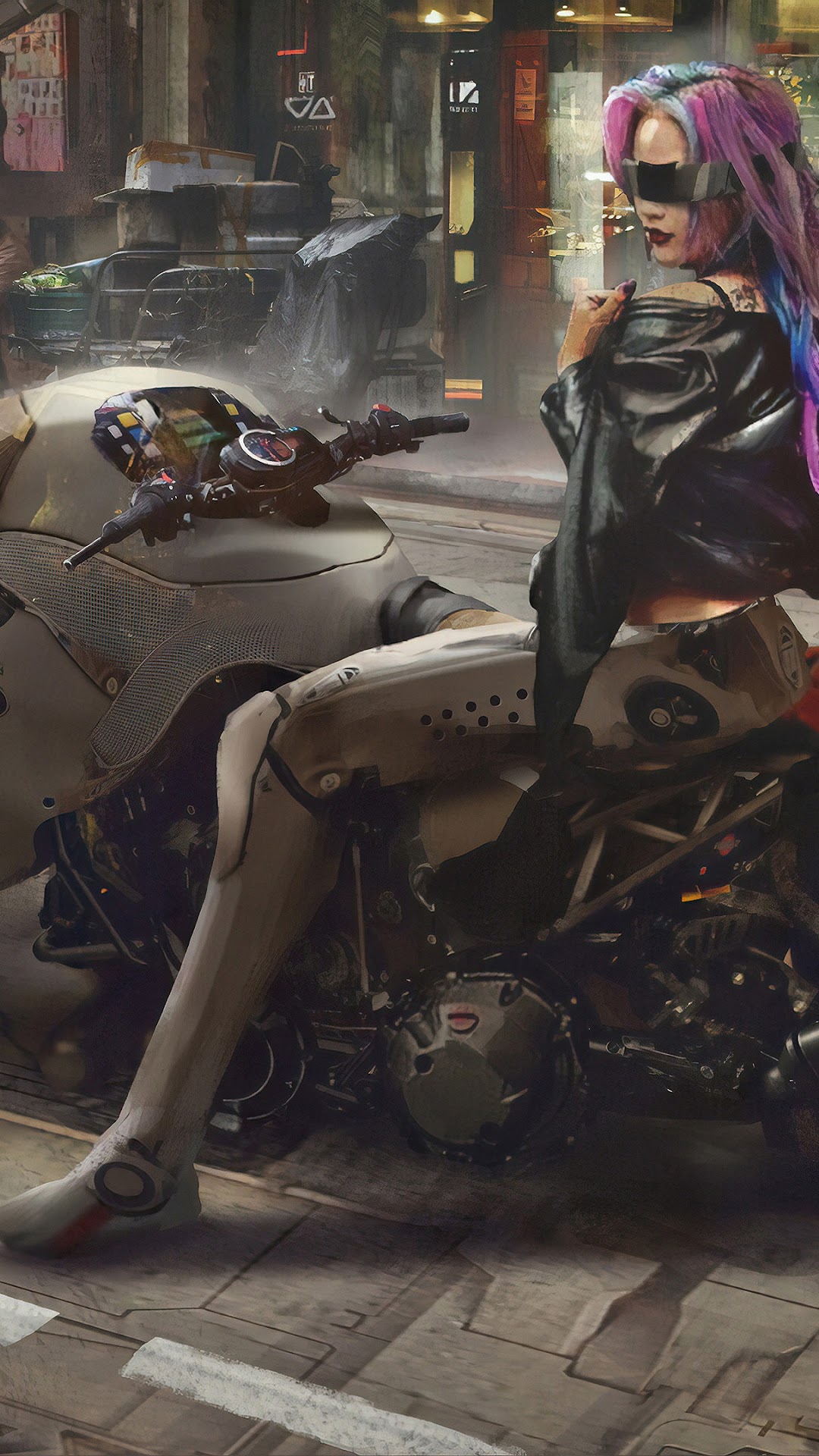 Cyberpunk girl with colorful hair on a futuristic motorcycle HD Phone Wallpaper