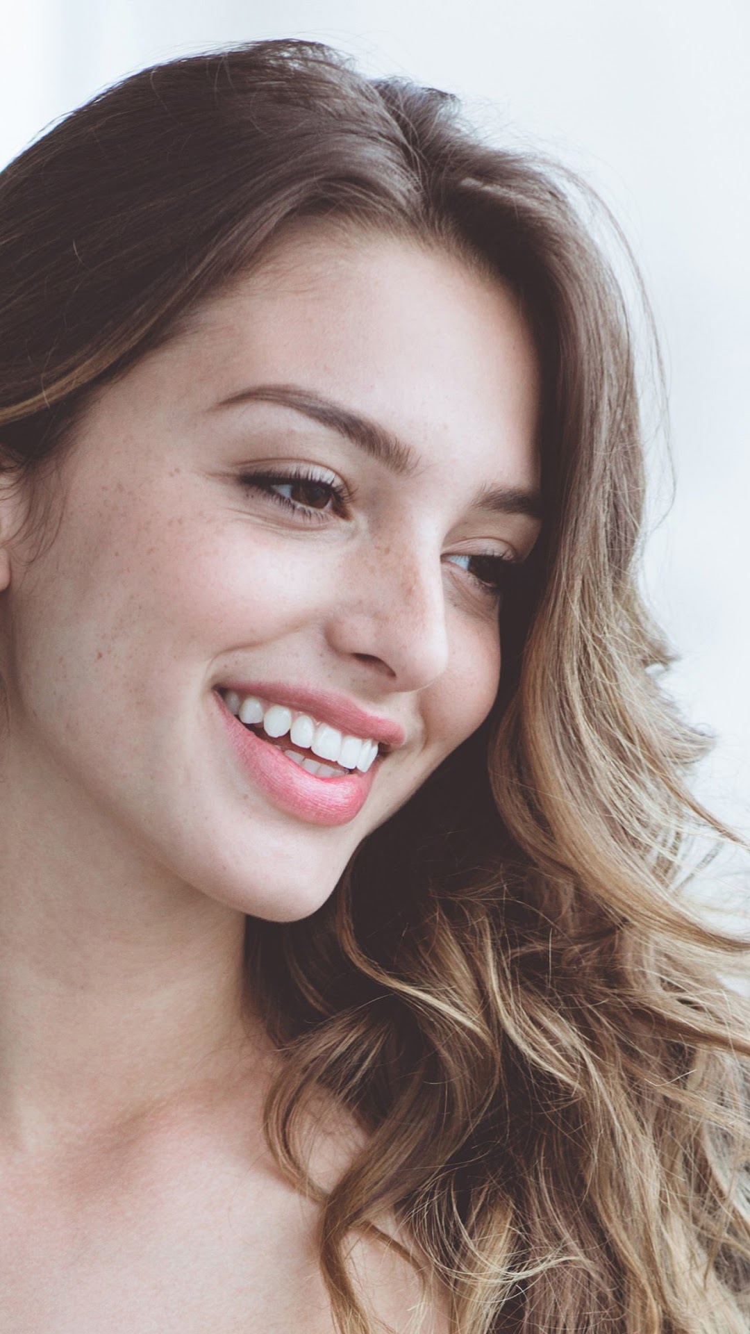 Celine Farach smiling with freckles HD Phone Wallpaper