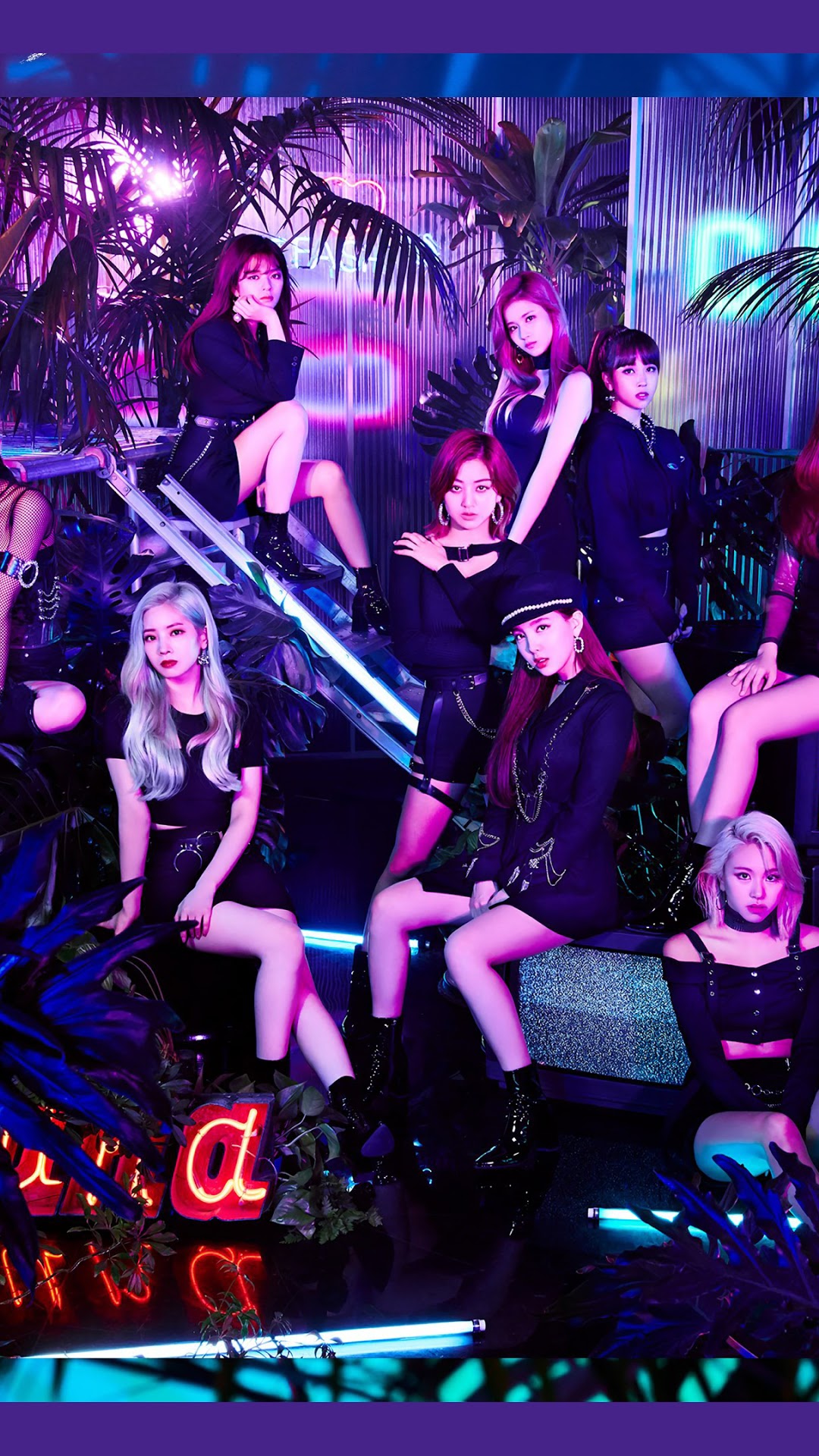 TWICE members in a neon-lit jungle setting HD Phone Wallpaper