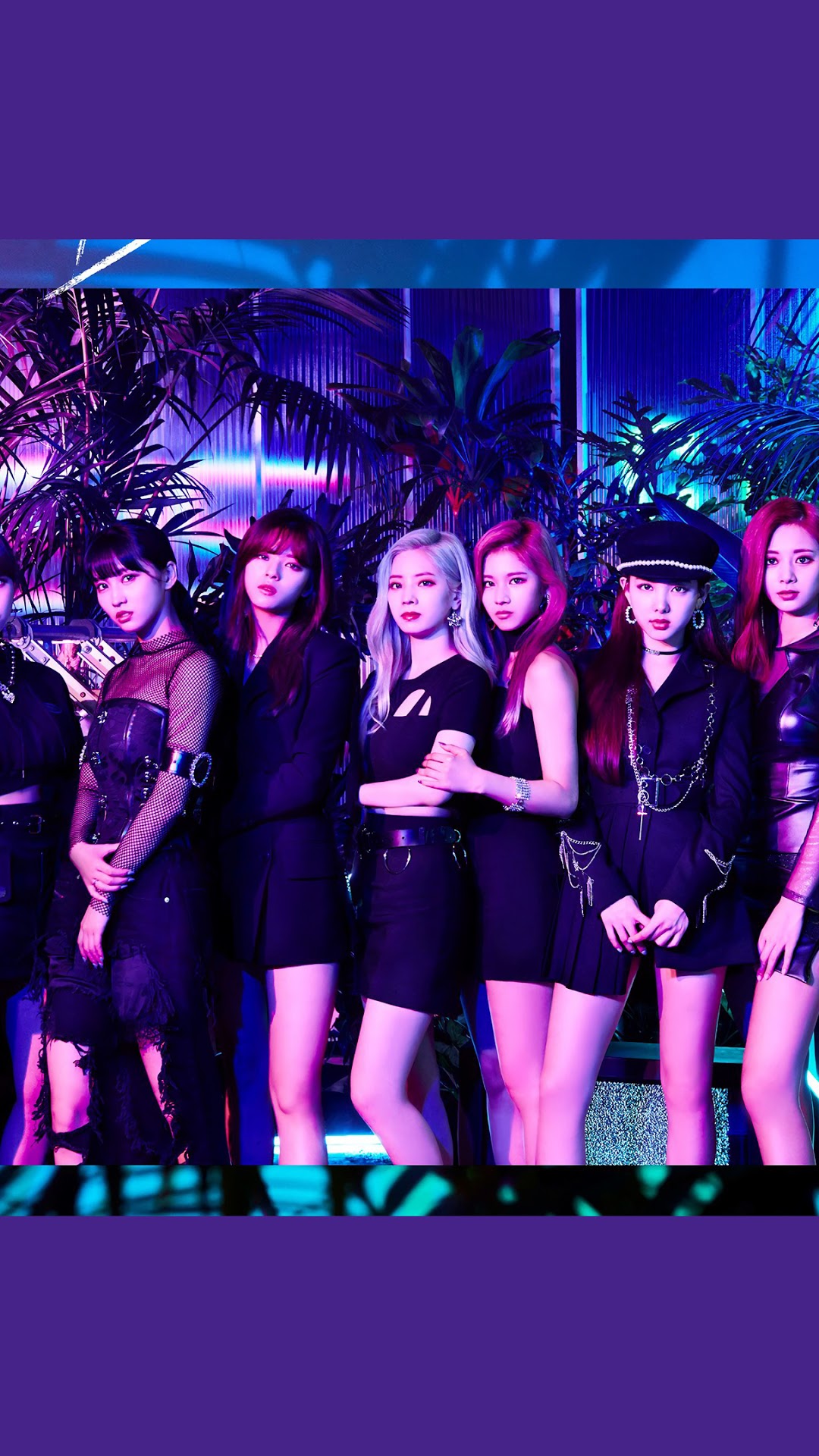 TWICE members posing in dark outfits HD Phone Wallpaper