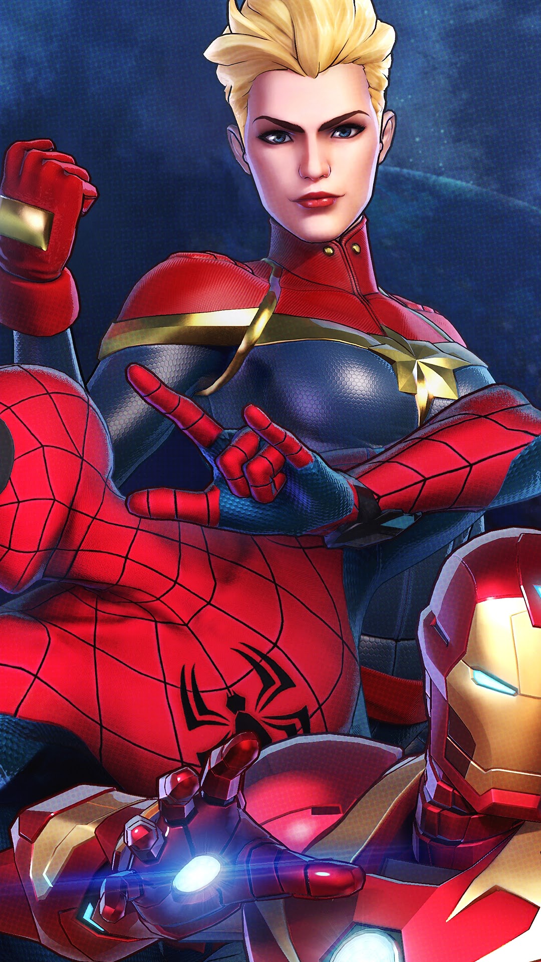 Captain Marvel, Spider-Man, and Iron Man from Marvel Ultimate Alliance 3 HD Phone Wallpaper