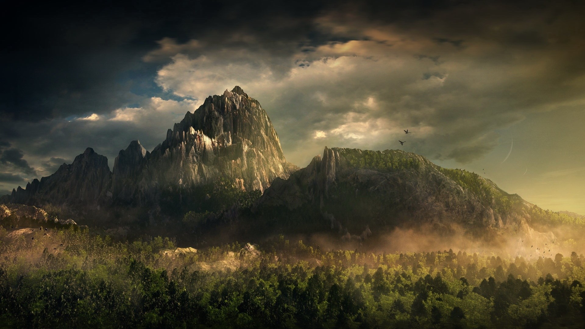 Jagged mountain range with forest and stormy clouds HD Wallpaper
