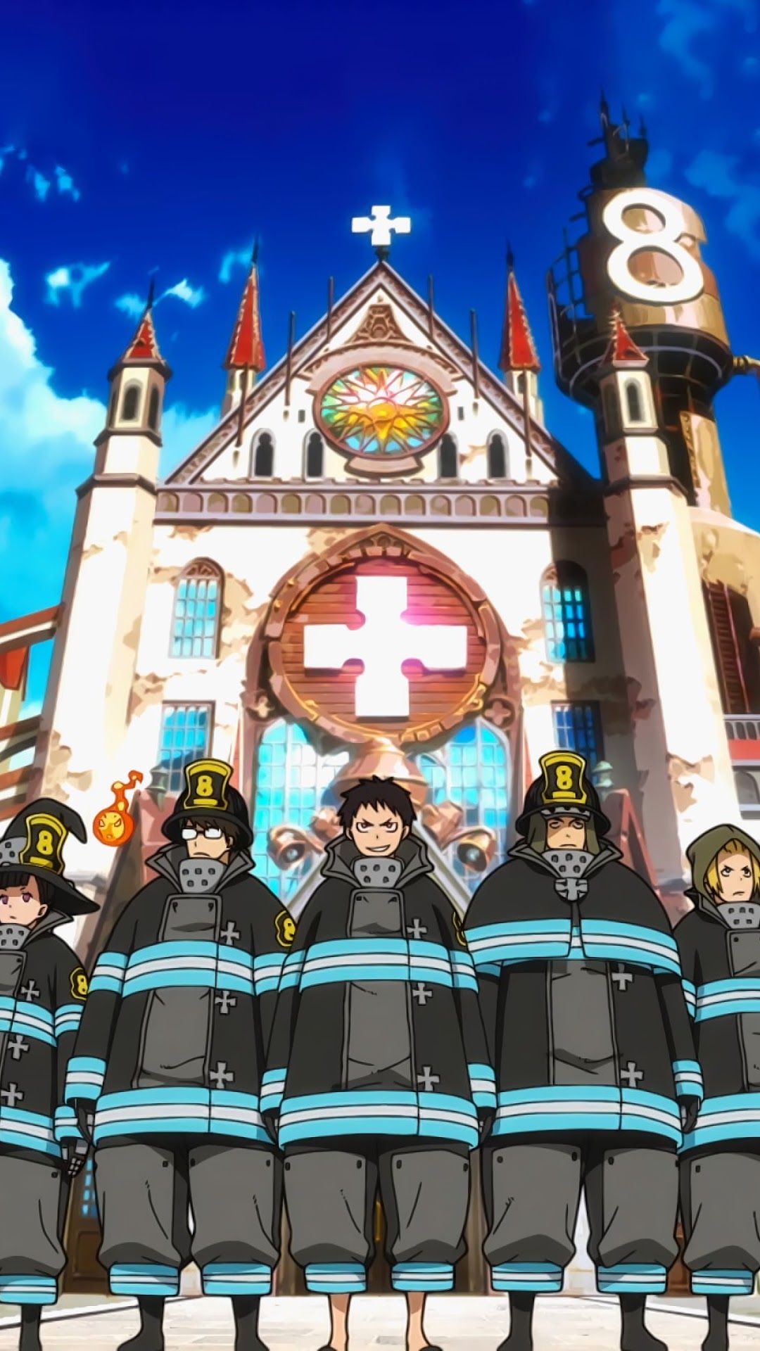 Fire Force characters in front of a cathedral HD Phone Wallpaper
