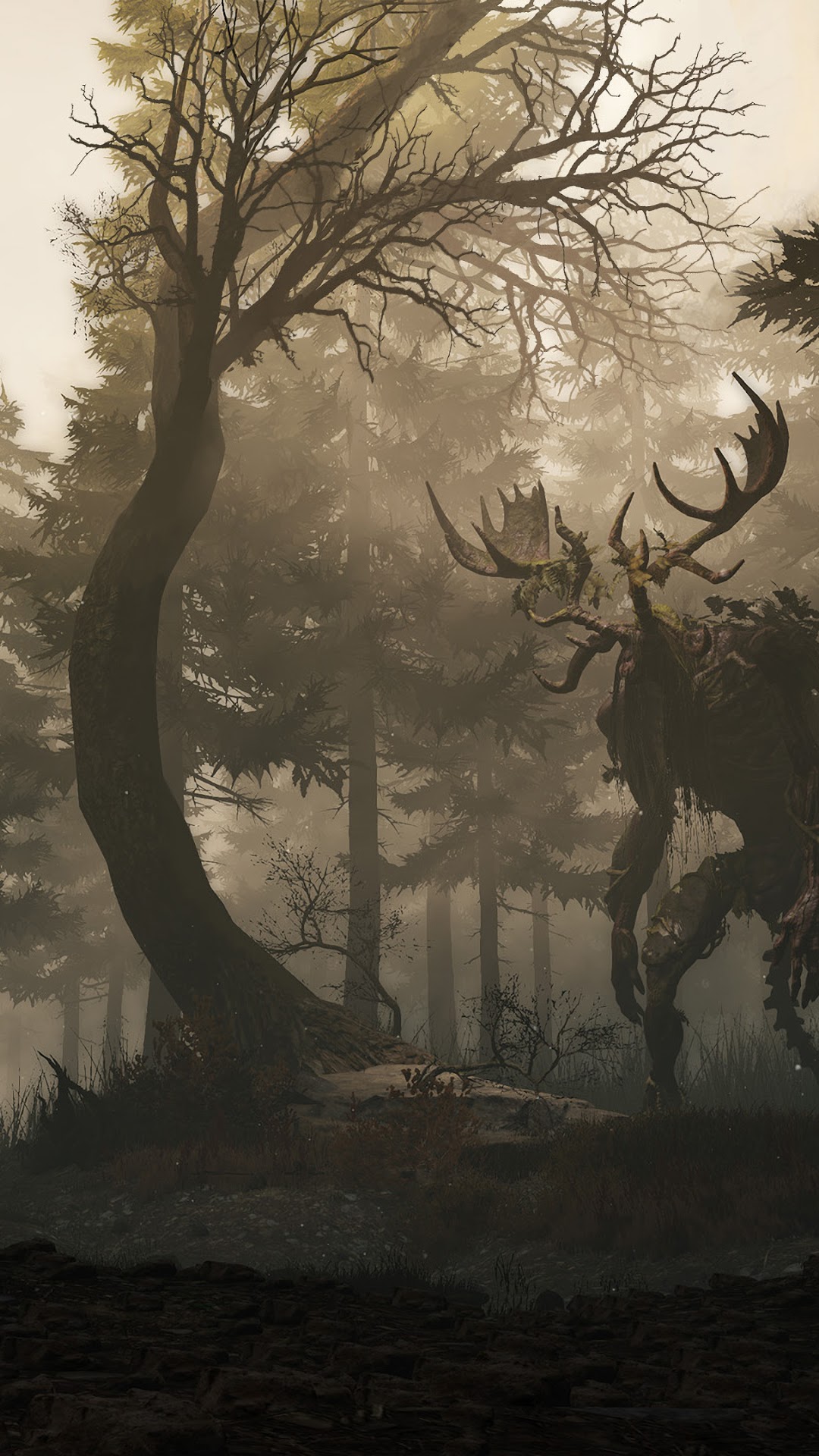 Creature with antlers in a foggy forest HD Phone Wallpaper
