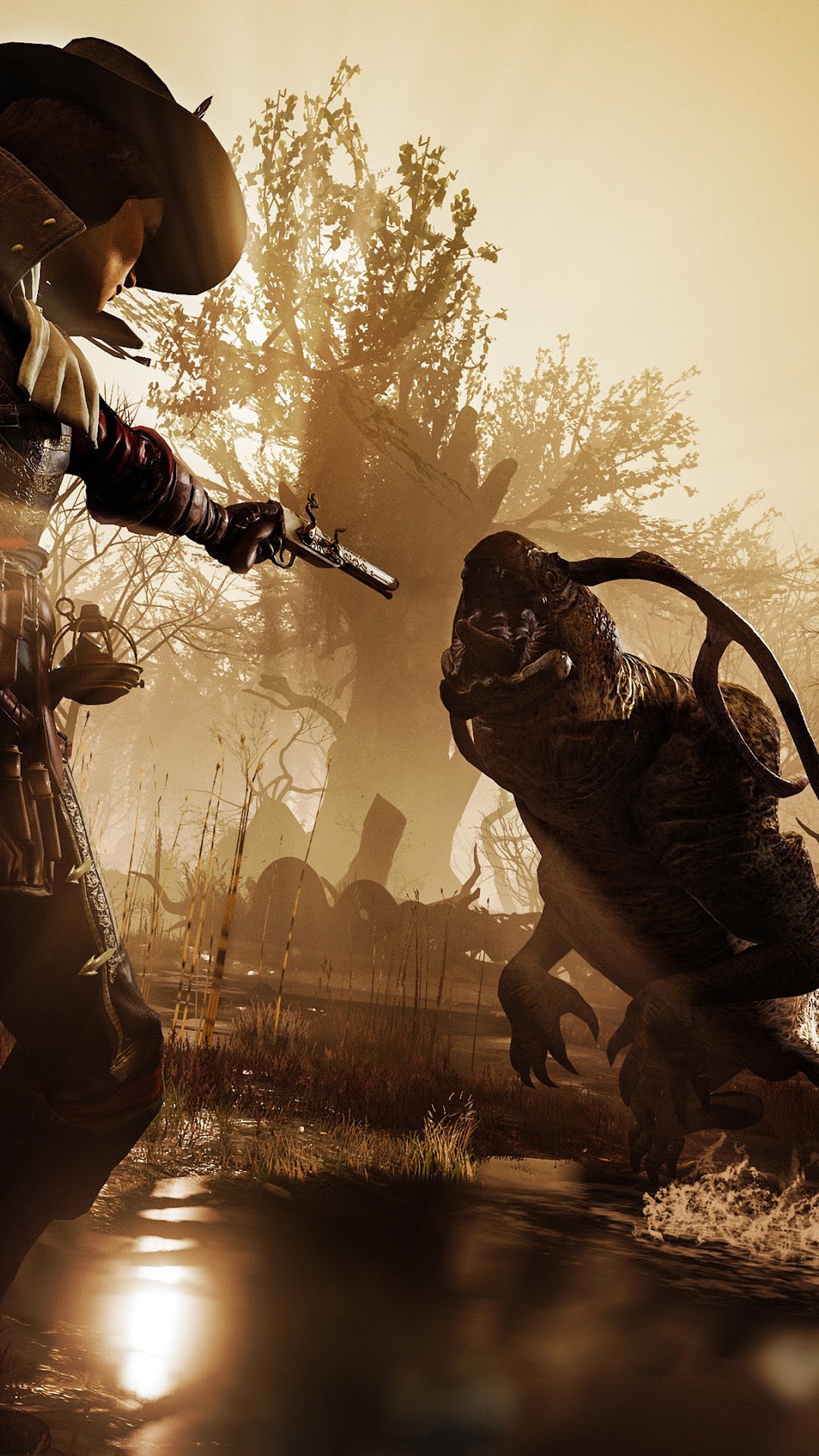 Man with gun facing monster in swamp HD Phone Wallpaper