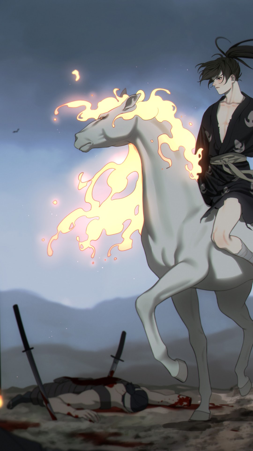 Hyakkimaru on a horse with flaming mane HD Phone Wallpaper