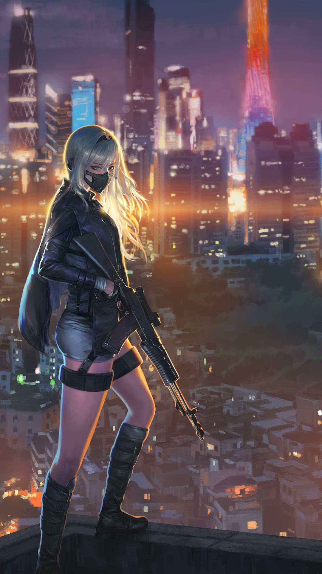Anime girl with rifle in city at night HD Phone Wallpaper