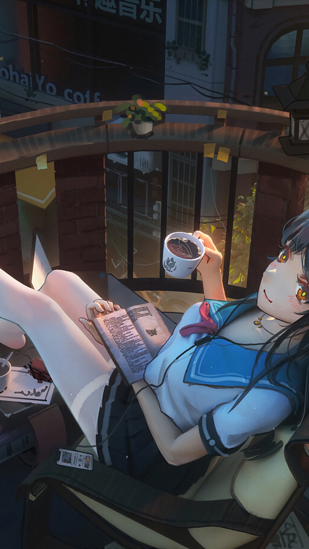 Anime School Girl Reading and Drinking Coffee HD Phone Wallpaper