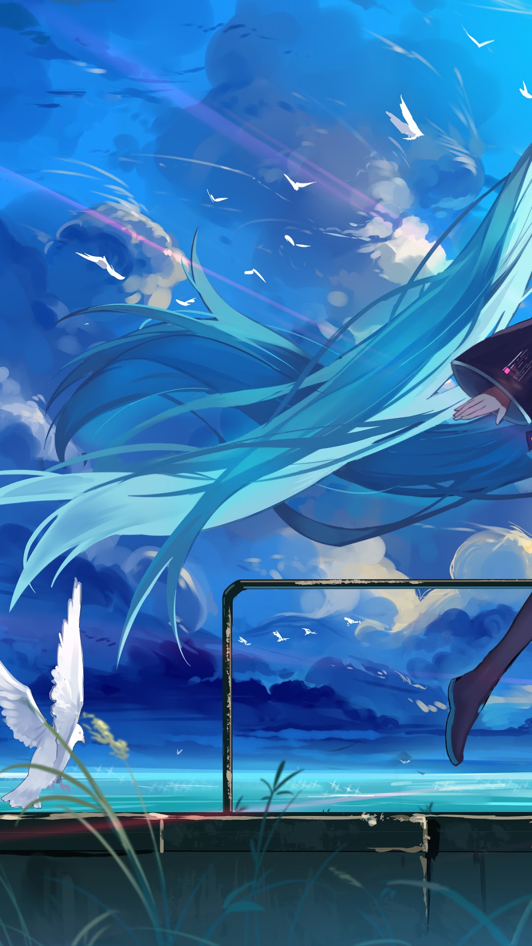 Hatsune Miku in a blue sky with birds HD Phone Wallpaper