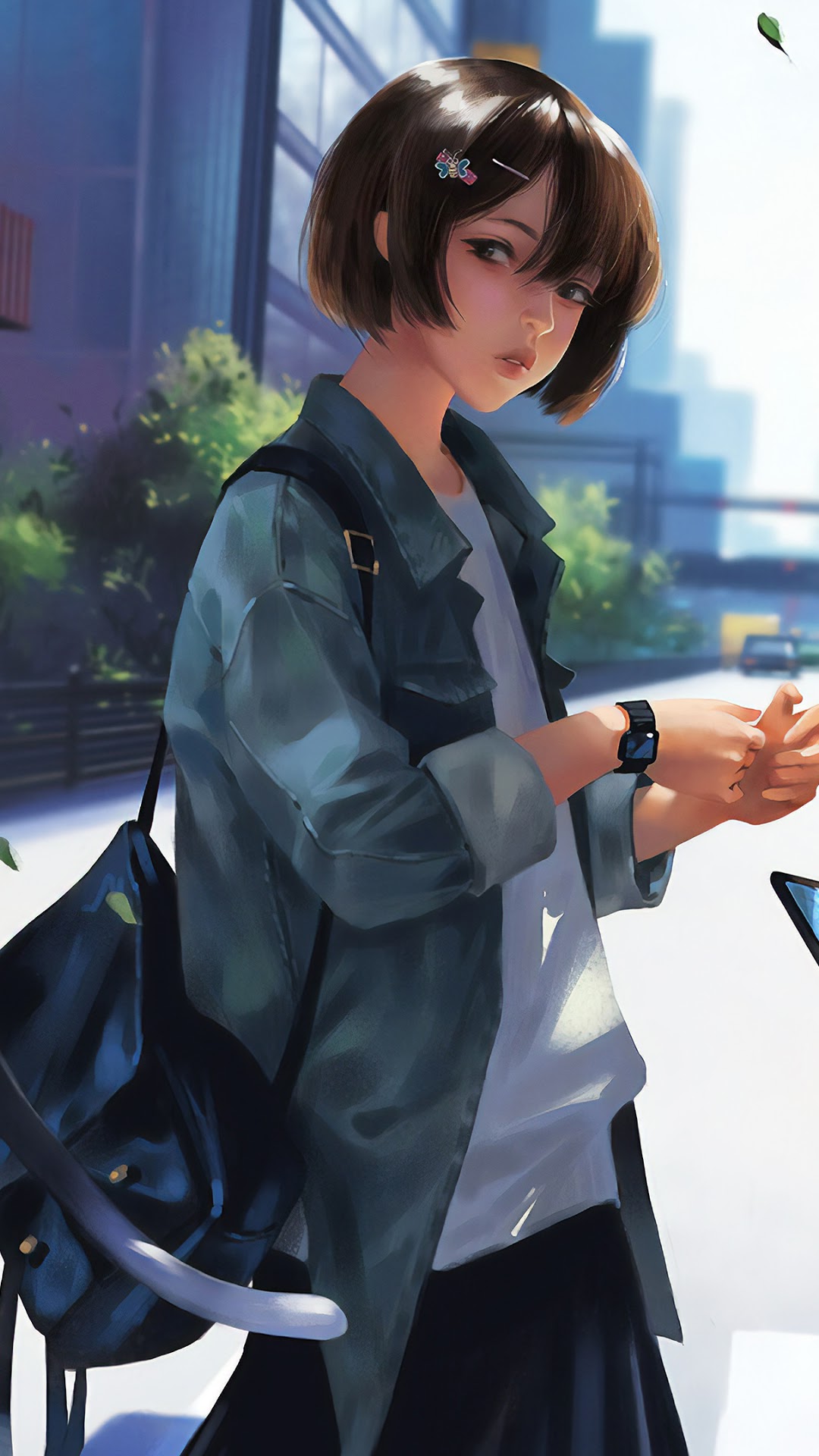 Anime girl with short brown hair wearing a jacket HD Phone Wallpaper