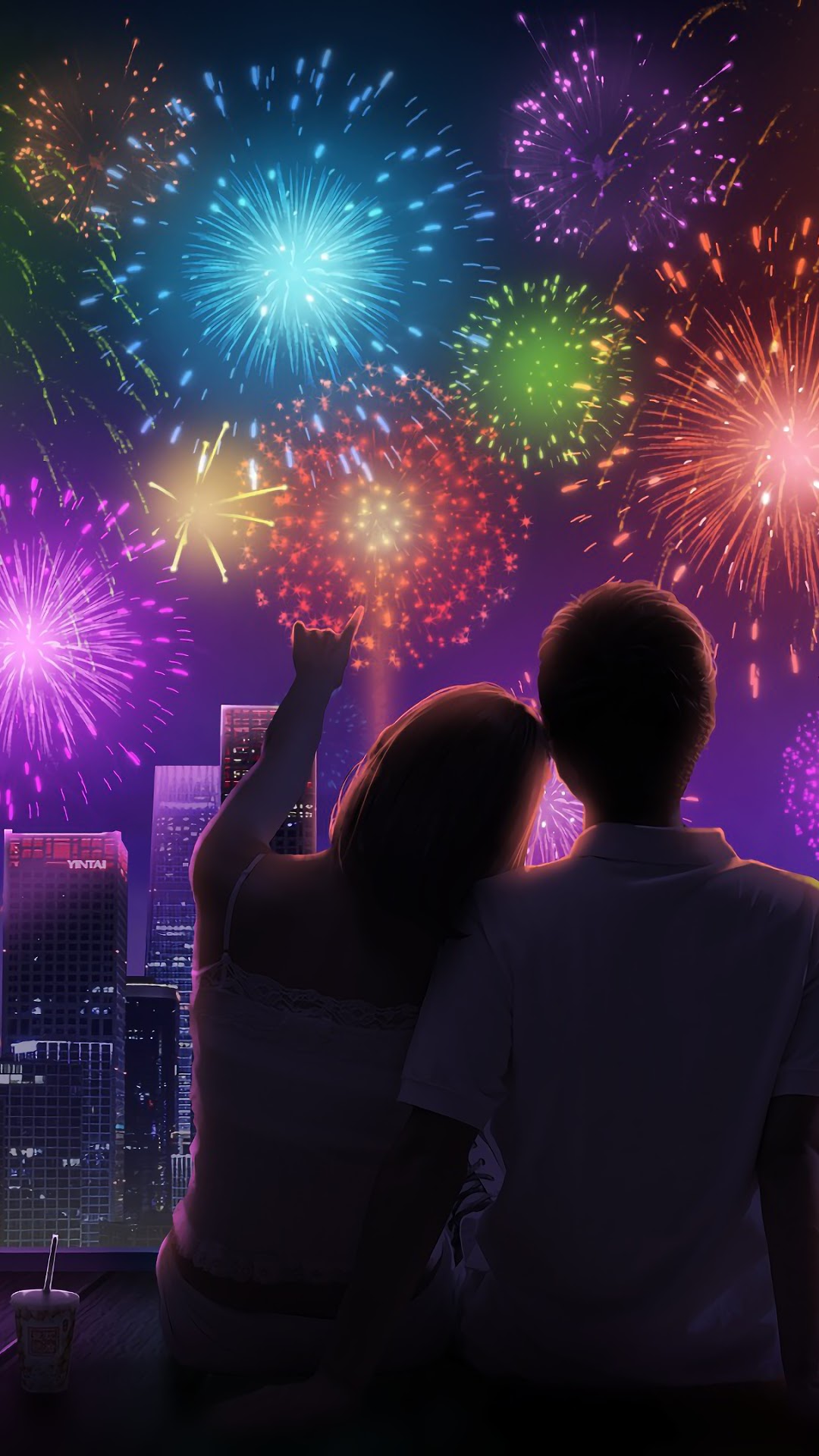 Couple watching fireworks over city at night HD Phone Wallpaper